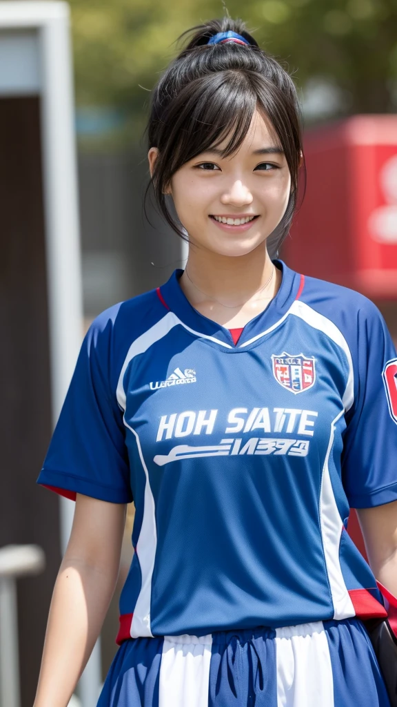 One Woman、university student、Black Bob、Her hair is tied in a ponytail with a red string、Light blue jersey、Looking this way and smiling