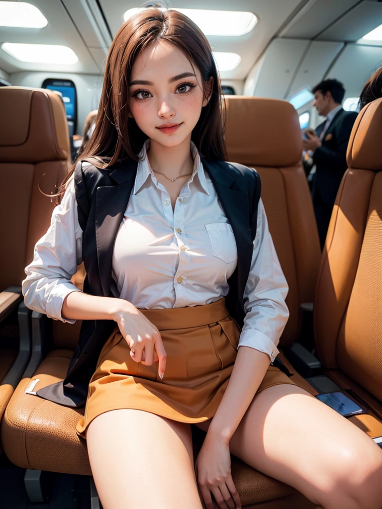 masterpiece,best quality,ultra detailed,8K,super fine illustration,highly detailed beautiful face and eyes,perfect anatomy,professional lighting,1 flight attendant,microskirt and boots uniform,orange and pink dress,smile,airplane interior,dynamic angle,depth of field,chromatic_aberration,masterpiece,best quality,very aesthetic,absurdres,newest,