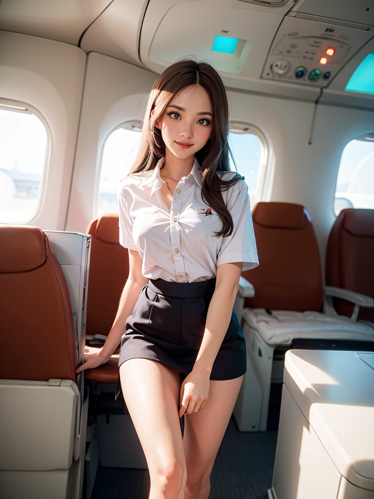 masterpiece,best quality,ultra detailed,8K,super fine illustration,highly detailed beautiful face and eyes,perfect anatomy,professional lighting,1 flight attendant,microskirt and boots uniform,orange and pink dress,smile,airplane interior,dynamic angle,depth of field,chromatic_aberration,masterpiece,best quality,very aesthetic,absurdres,newest,