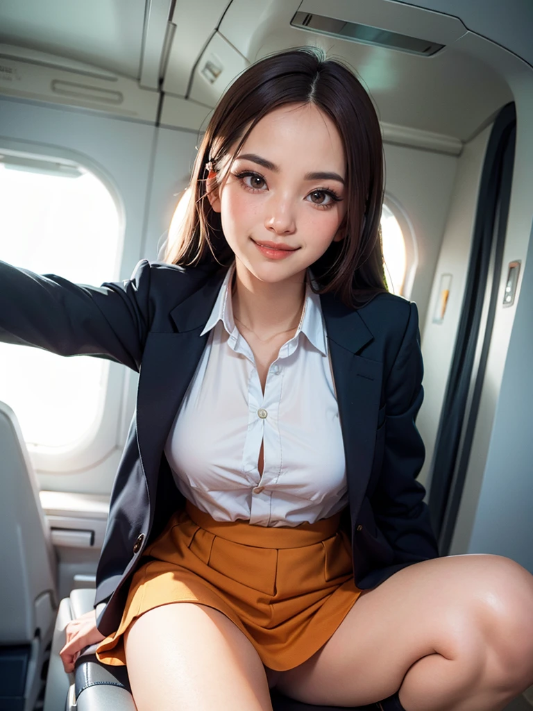 masterpiece,best quality,ultra detailed,8K,super fine illustration,highly detailed beautiful face and eyes,perfect anatomy,professional lighting,1 flight attendant,microskirt and boots uniform,orange and pink dress,smile,airplane interior,dynamic angle,depth of field,chromatic_aberration,masterpiece,best quality,very aesthetic,absurdres,newest,