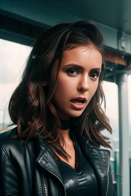 1 girl.Nina Dobrev. Black leather jacket. cutout. Sweating. Sub. Wet. orgasm on face. open mouth. looking at the camera. cloudy sky. looking down. low angle. At chest height. ((bottom view))