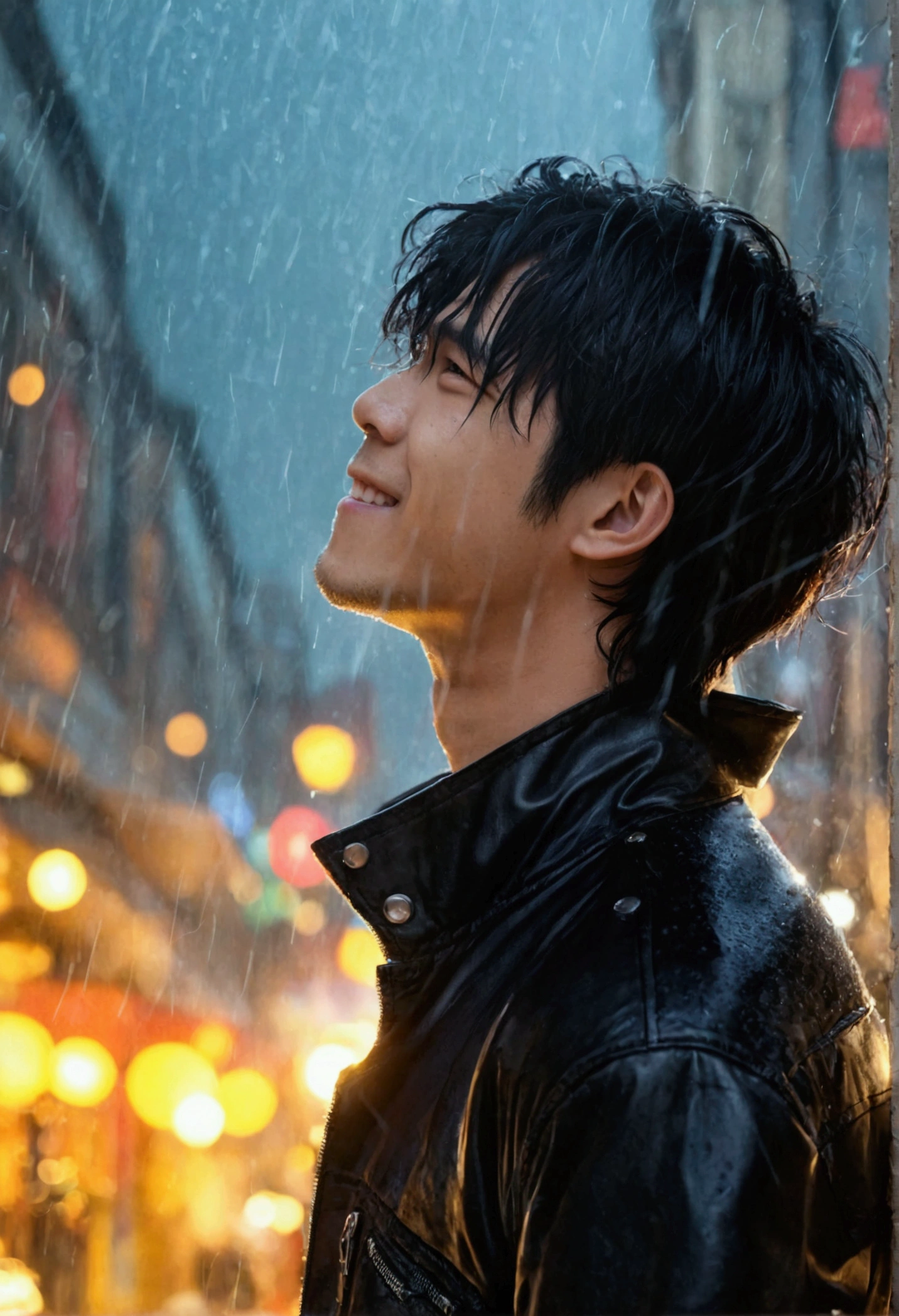 Highest quality、Young man looking up at the sky、smile、屋根の下でrain宿りしてる、rain、Wearing a black leather jacket、Black Hair、1 male