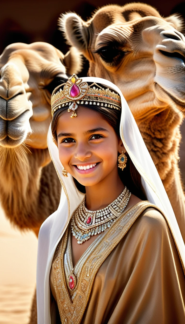 Desert Princess, Masterpiece, high resolution, Realistic, Detailed Description, Anatomical integrity, Camel decorated with a tiara and royal attire, smiling proudly with long lashes down, Camel with a tiara, Cape Camel, Camels decked out in accessories, A smiling Arab royal girl of about 10 years old watches over a camel., Surrounded by the royal family&#39;s retainers, Royal palace in the desert, Camel in focus