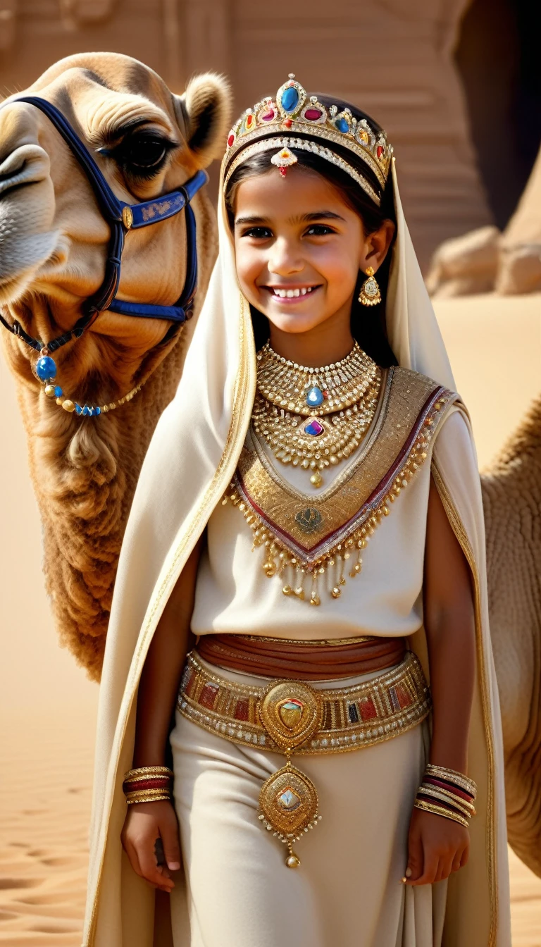 Desert Princess, Masterpiece, high resolution, Realistic, Detailed Description, Anatomical integrity, Camel decorated with a tiara and royal attire, smiling proudly with long lashes down, Camel with a tiara, Cape Camel, Camels decked out in accessories, A smiling Arab royal girl of about  watches over a camel., Surrounded by the royal family&#39;s retainers, Royal palace in the desert, Camel in focus