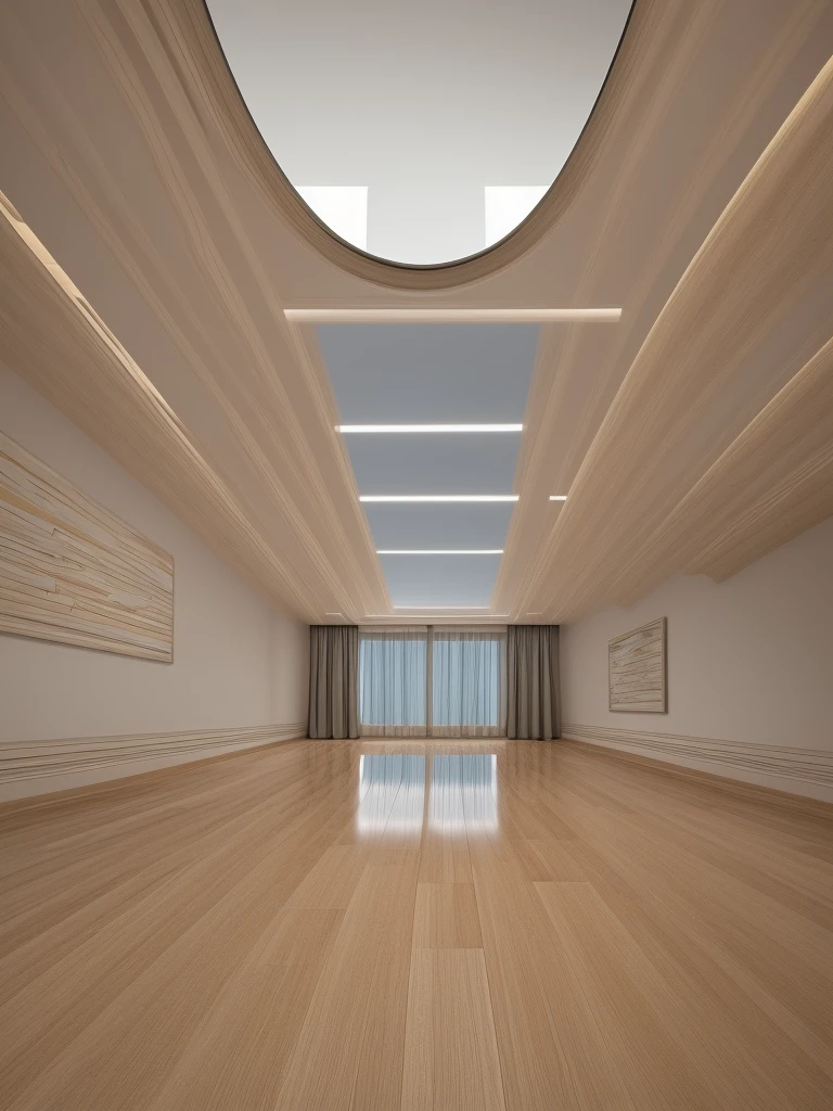 Generate a trick art image of a room where the floor appears to be a reflective surface, creating an illusion of an endless abyss below. The room should have modern furniture and bright lighting. The art style should be photorealistic, with a focus on creating a convincing mirror effect.
