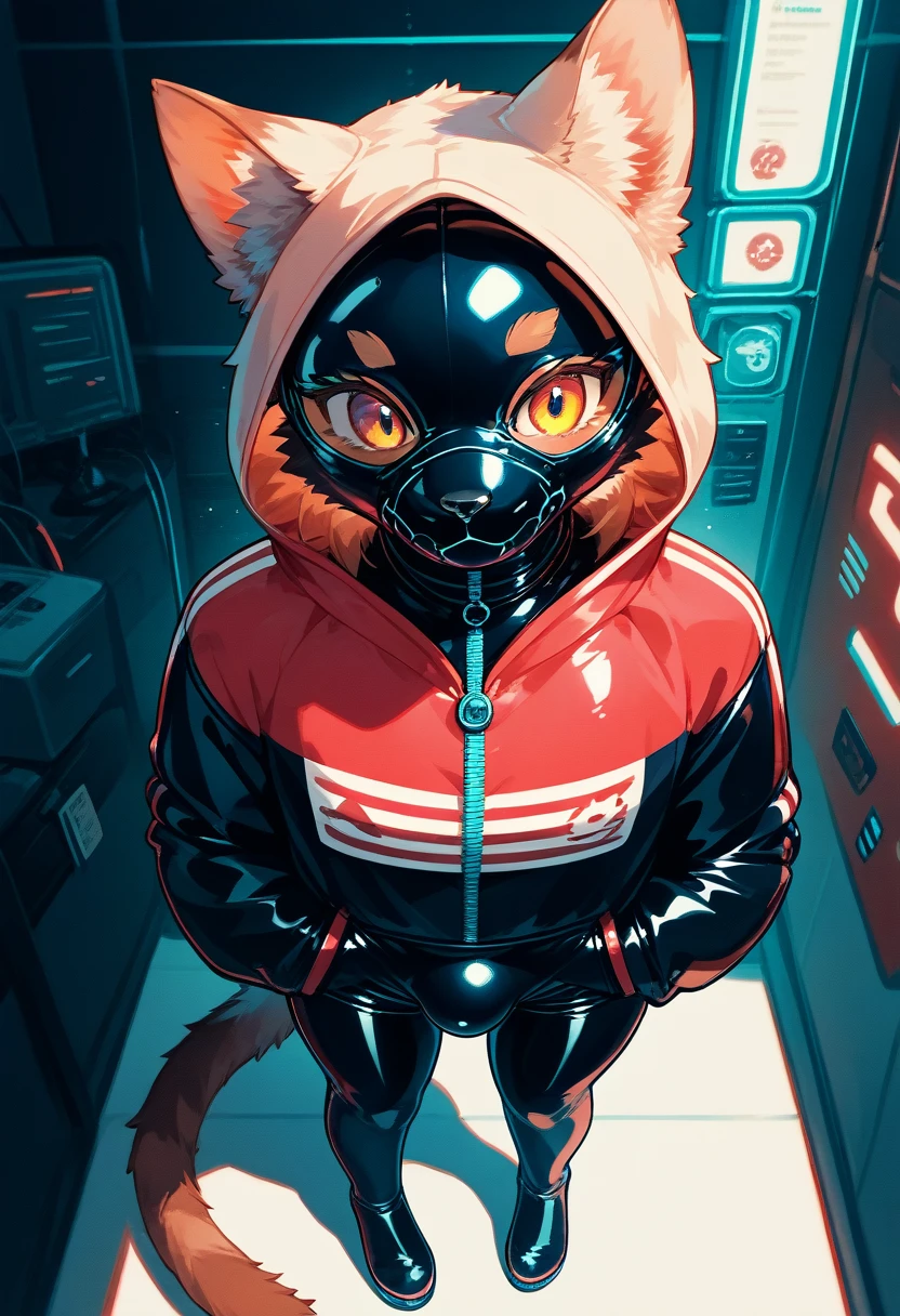 Highest quality, Highest quality, High quality illustrations, masterpiece, Ultra-high resolution, Detailed Background, Games Room, Absurd, Perfect Anatomy, performance, Good lighting, Shadows in the movies(kemono, Furry PersonifiCation), Cat, Dark Skin, Rubber suit, Rubber suit, latex, neon, neonライト, neonカラー, Rubber spats, Rubber Hoodie, Rubber mask, ribbon, Embarrassing, Null bulge, male, juvenile, From above