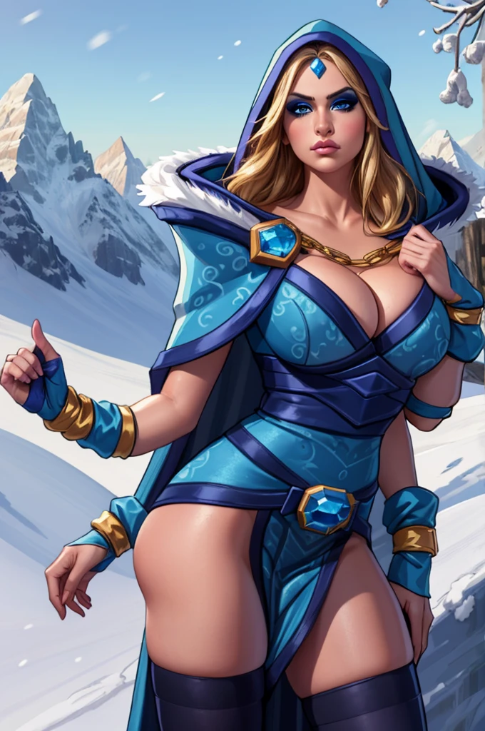 (masterpiece, best quality:1.2), solo, 1girl, crystalmaiden, makeup, serious, looking at viewer, standing, blue dress, hood, fur trim, blue cape, pelvic curtain, arm warmers, black thighhighs, jewelry, cleavage, outdoors, snowing, mountain 