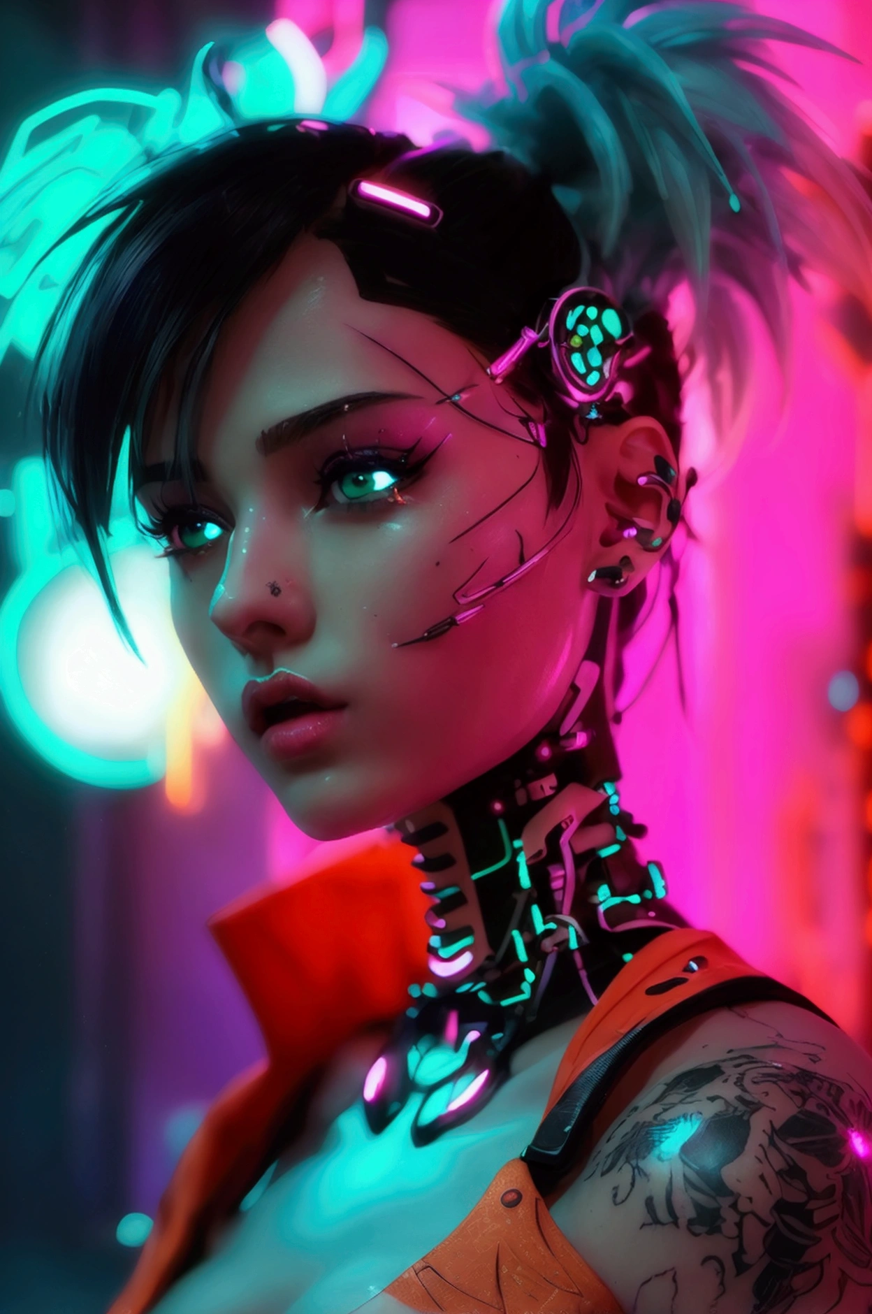 a beautiful young e-girl, detailed face, porcelain skin, long eyelashes, glossy lips, spiked hair, neon lights, cyberpunk city background, intricate tattoos, futuristic fashion, glowing cybernetic implants, moody dark lighting, dramatic shadows, intricate digital art style, vibrant neon colors, cinematic composition, highly detailed, 8K, photorealistic