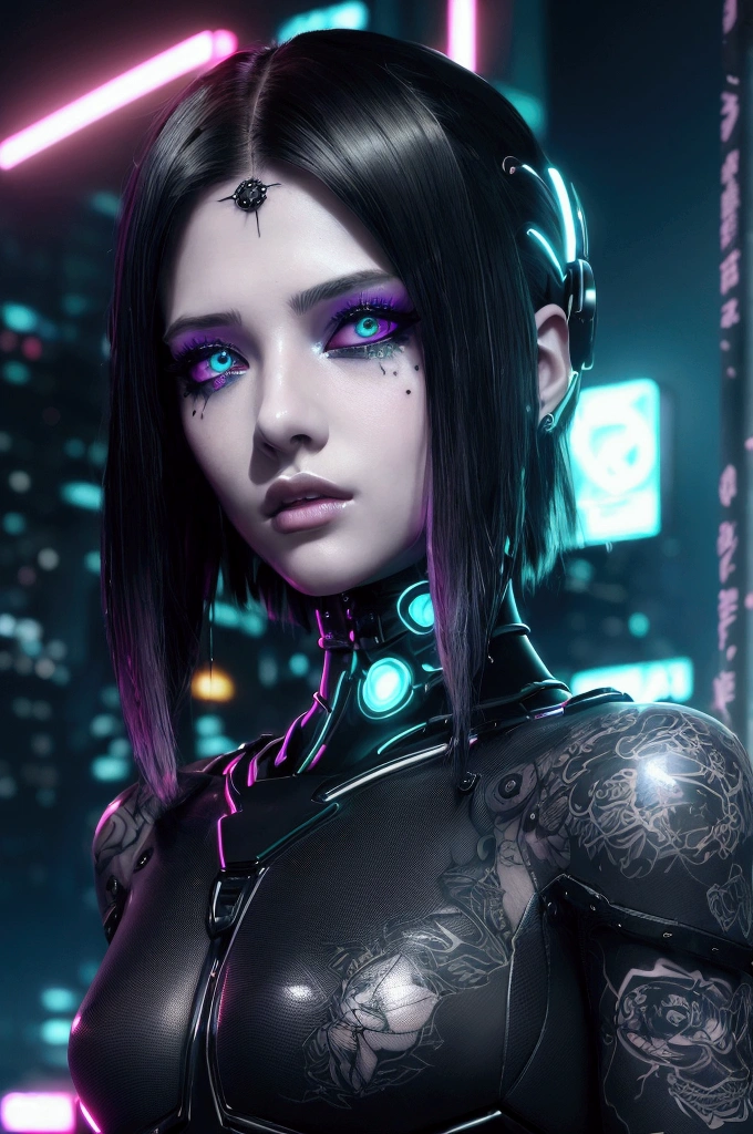 a beautiful young e-girl, detailed face, porcelain skin, long eyelashes, glossy lips, spiked hair, neon lights, cyberpunk city background, intricate tattoos, futuristic fashion, glowing cybernetic implants, moody dark lighting, dramatic shadows, intricate digital art style, vibrant neon colors, cinematic composition, highly detailed, 8K, photorealistic