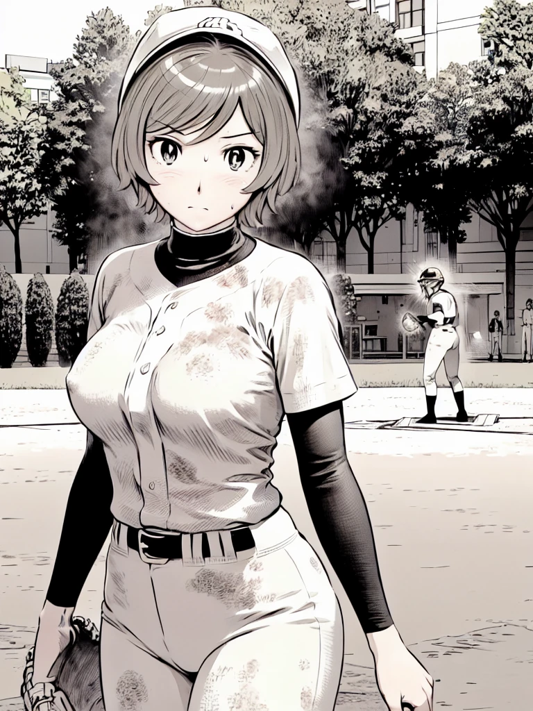 (野球uniform:1.2),
blonde, (short hair:1.2),Long sleeve, Black Shirt, turtleneck,White trousers、uniform、Black belt、((Illustration of people))、big 、Covered in mud、Soil stains、ドロドロのuniform、
View your viewers,, (Highest quality:1.3),One Girl, White pants、uniform、Outdoor、baseball ground、ground、soil、blue eyes、Tight black shirt、(masterpiece、Highest quality)、Highest quality, Ultra-high resolution, (((masterpiece))), alone, Sweat、big eyes、big Breasts、Torn clothes、 Fully exposed、Nipples、One Girl, Front view、Embarrassed face、Bronze colored hair、((Baseball Cap、short hair))、Stand up straight、Cowboy Shot