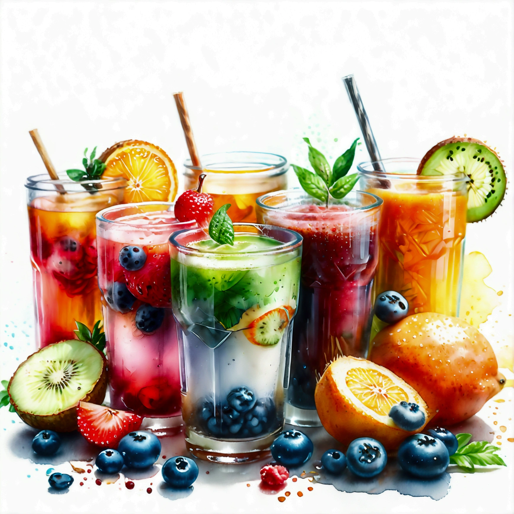 there are many types of colorful healthy drinks served in glasses, the glasses sitting on a surface, juices, smoothie and infused water , illustration, isolated with solid white background, surrounded with negative space, centered composition, highest detailed painting, very precise line, Isolated, clear solid white background, perspective angle of view, ((watercolor:1.5)), (lora:add-detail-xl:1), (masterpiece), (best quality), no bread on the floor, washed out color, (ghibli)