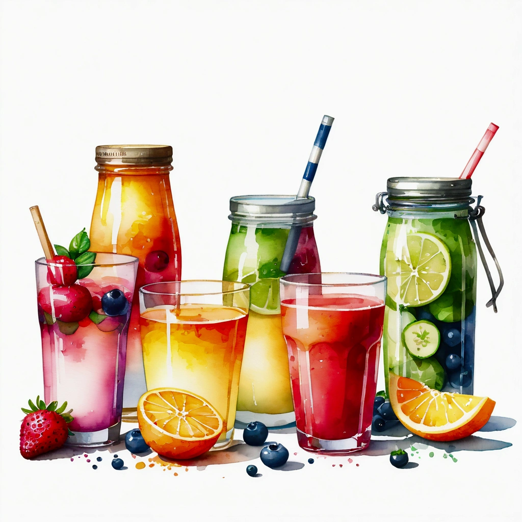 there are many types of colorful healthy drinks served in glasses, the glasses sitting on a surface, juices, smoothie and infused water , illustration, isolated with solid white background, surrounded with negative space, centered composition, highest detailed painting, very precise line, Isolated, clear solid white background, perspective angle of view, ((watercolor:1.5)), (lora:add-detail-xl:1), (masterpiece), (best quality), no bread on the floor, washed out color, (ghibli)