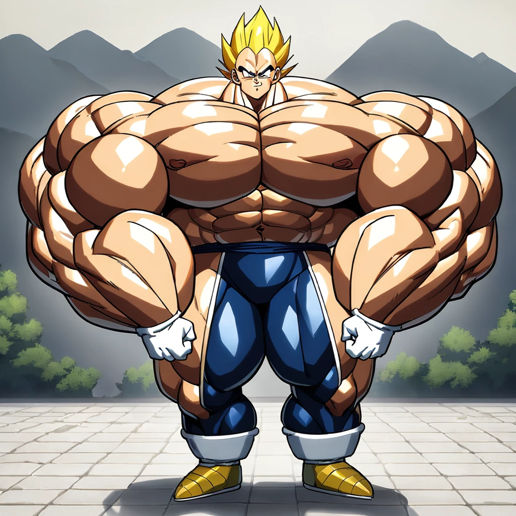 1boy, Vegeta, from Dragon Ball Z, masterpiece, best quality, very aesthetic, absurdres, saiyan, blue eyes, spiked hair, (yellow hair:1.5), standing up, good posture, shirtless, blue skintight pants, white boots with brown tips, white gloves, (huge muscles:2.7), Dragon Ball Z artstyle, in the style of Akira Toriyama, white tiled floor, outdoor, flat-top mountains, full pose, full body shot, (full body in frame:1), Extreme Wide Shot, Low Angle Shot
