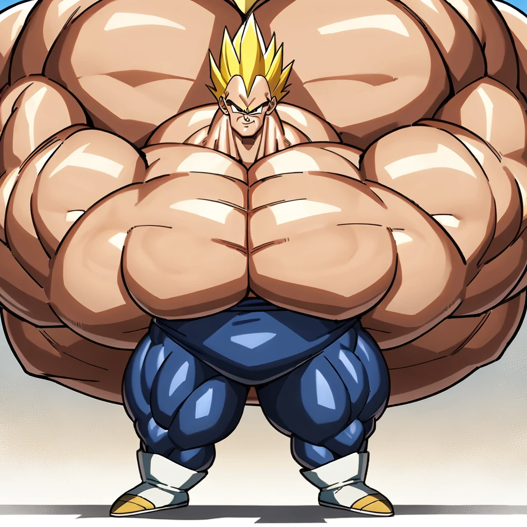 1boy, Vegeta, from Dragon Ball Z, masterpiece, best quality, very aesthetic, absurdres, saiyan, blue eyes, spiked hair, (yellow hair:1.5), standing up, good posture, shirtless, blue skintight pants, white boots with brown tips, white gloves, (huge muscles:2.7), Dragon Ball Z artstyle, in the style of Akira Toriyama, white tiled floor, outdoor, flat-top mountains, full pose, full body shot, (full body in frame:1), Extreme Wide Shot, Low Angle Shot