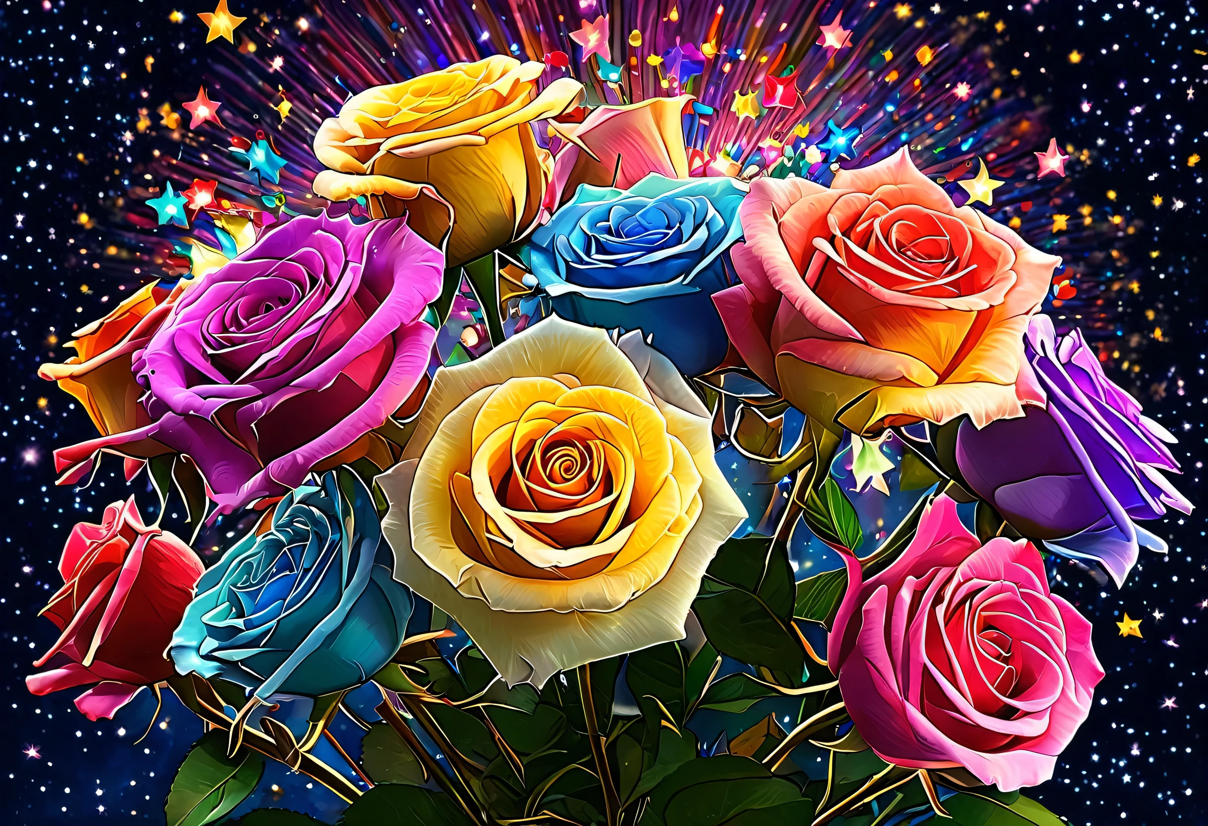 Close-up of a bouquet of flowers with stars as a background, Digital Art by Nelson Alexander Ross, Instagram, Digital Art, magical Colorful flowers, Magic Flower, Beautiful and colorful, rich floral color, So colorful and heavenly, Beautiful colorful, exploding roses, Colorful flowers, Colorful flowers, With beautiful colors, Glowing Flower, Wonderfully colorful, Colorful flowers, Glowing Flower