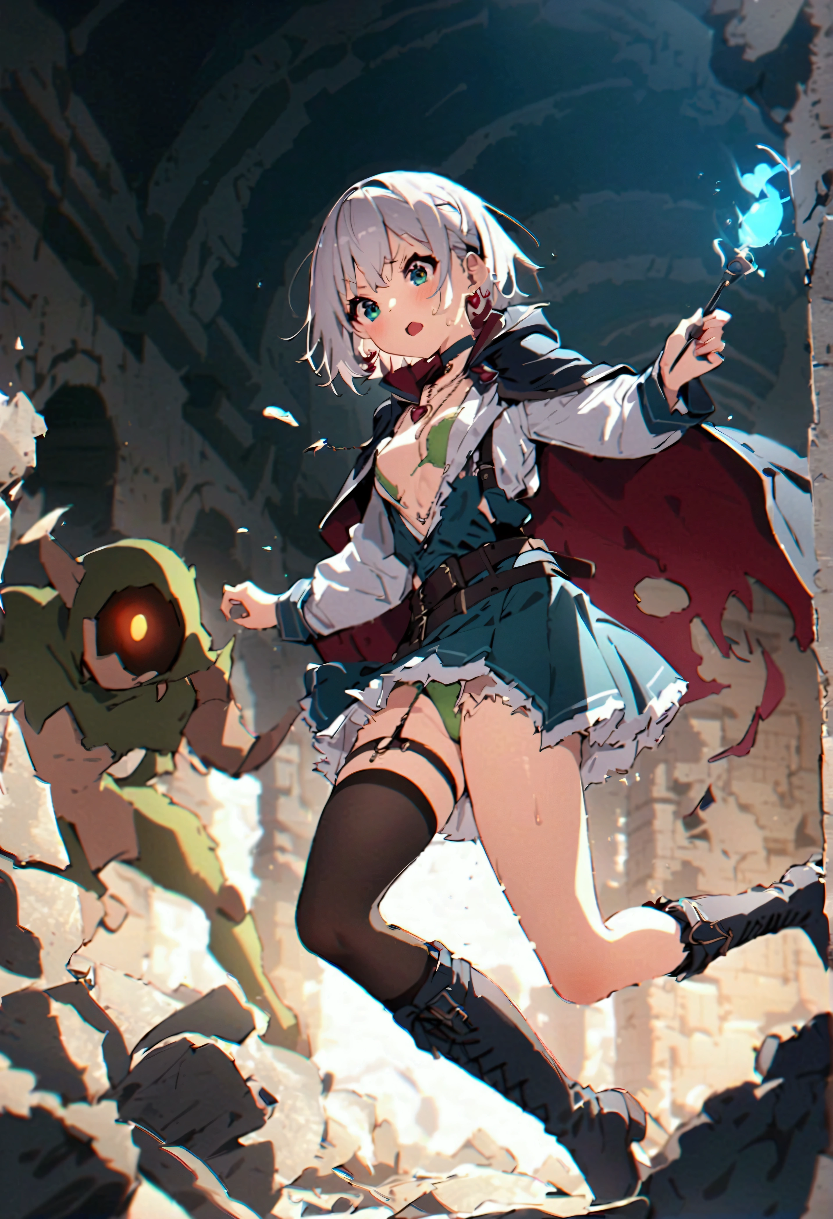 masterpiece, Highest quality, Highest quality, High resolution, concentrated、You can see the top and bottom of your underwear(Green underwear)、Open chest、The crotch is open、A warrior girl being attacked by many goblins(Magic wand)(Fire Magic)(Desperate look)(Horizontal)(White Hair)(Blue clothes)(Cape)(choker)(belt)(Heart Necklace)(Thigh knee-high socks)(Tear bags)(Earrings)(boots)(Clothes get a little torn)、Fighting Goblins、Side view、Drops of sweat fly、Dust cloud、Inside the ruins、Speed、
