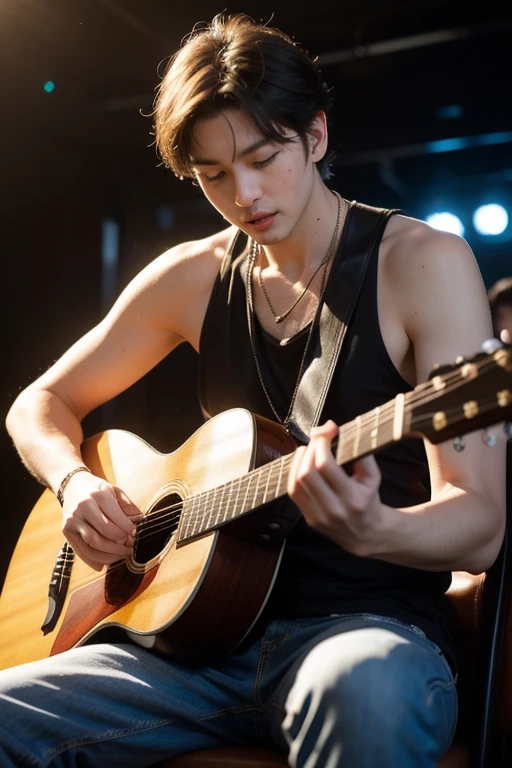 Photographing a young man in his 30s, perfect face,playing acoustic guitar on cozy clubbing, clubbing visitors focus, long range shot