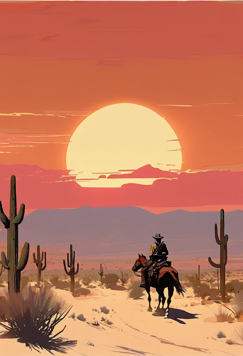 score_9, score_8_up, score_7_up, score_6_up, score_5_up, score_4_up, 1man, Western, Desert, red sun, scorching sun, arid, Horizon, far away, Wild West, red dead Redemption, cartoon art style, Arthur Morgan, Cigarette, honor
