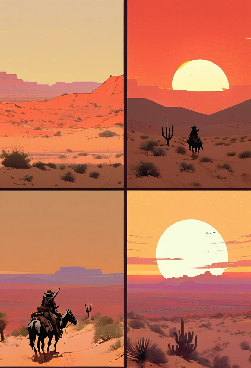 score_9, score_8_up, score_7_up, score_6_up, score_5_up, score_4_up, 1man, Western, Desert, red sun, scorching sun, arid, Horizon, far away, Wild West, red dead Redemption, cartoon art style, Arthur Morgan, Cigarette, honor