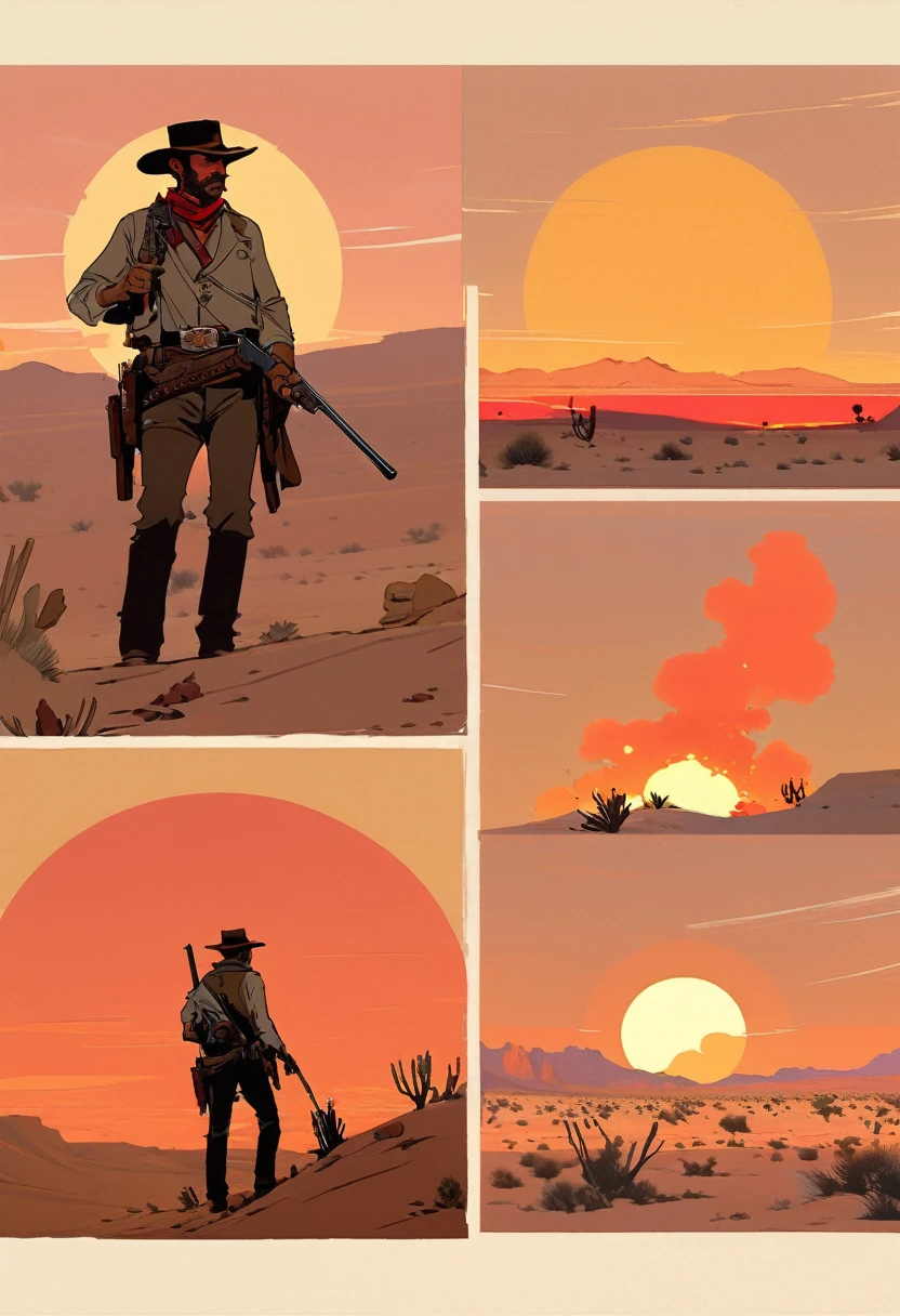 score_9, score_8_up, score_7_up, score_6_up, score_5_up, score_4_up, 1man, Western, Desert, red sun, scorching sun, arid, Horizon, far away, Wild West, red dead Redemption, cartoon art style, Arthur Morgan, Cigarette, honor