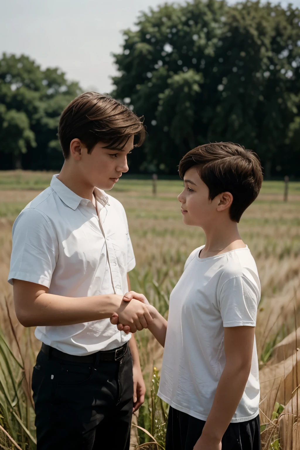 A girl with short hair shaking hands with a boy with short hair, they are both in the field