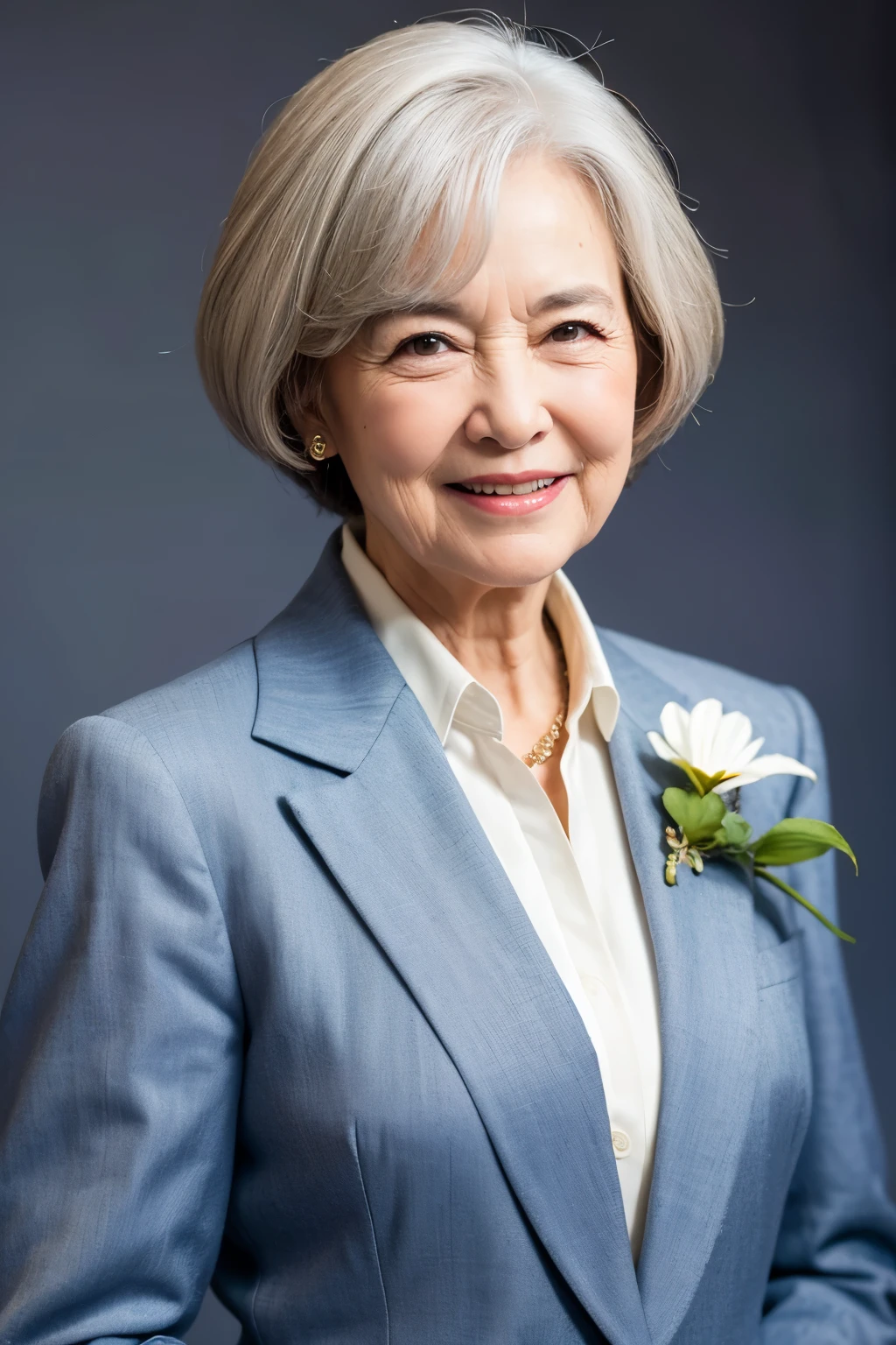 ((Highest quality)), ((masterpiece)), (detailed), Grandmother,smile,70s,Upper Body,Background white,Japanese,suit,Gray Hair,Short Hair