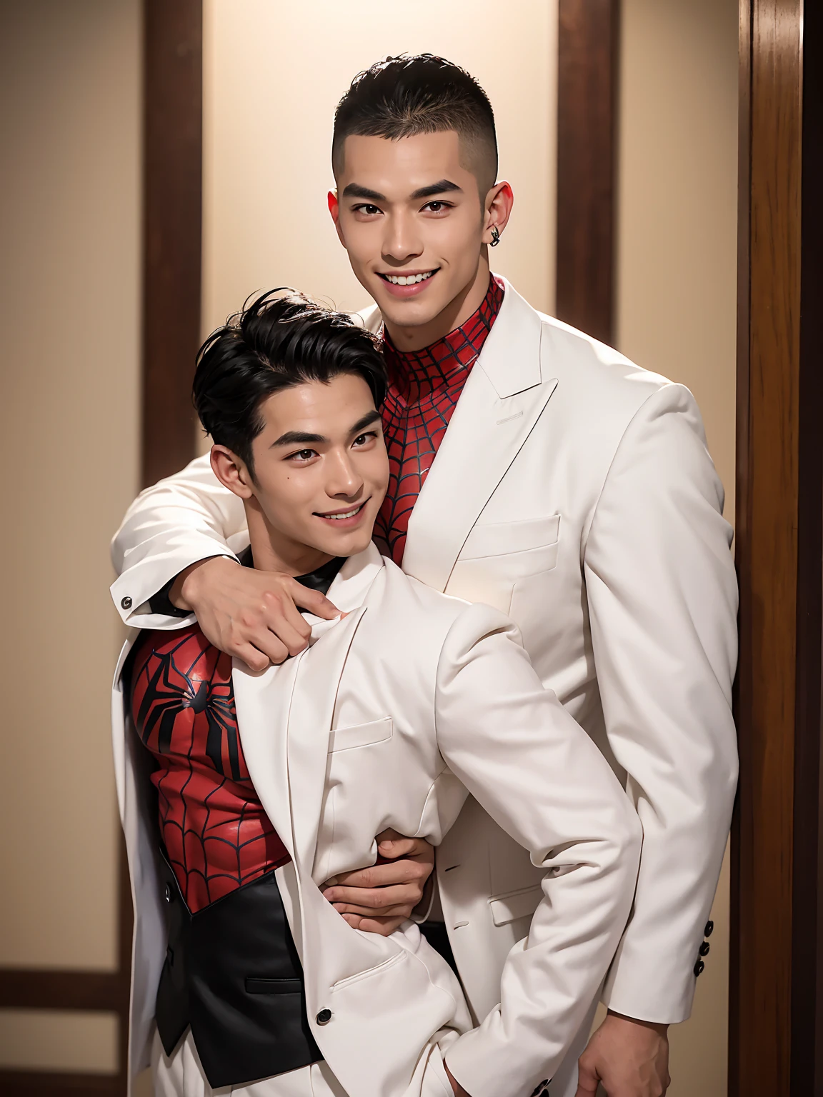 A man with black hair, pink highlights, black eyes, a handsome face, Full chest muscles, Buzz cut,Stylish short hair,a mischievous smile, eyebrow piercing, nose piercing, wearing a Spider-Man costume. Face looks like a Chinese man A little muscular sexy poses and hugged the neck of a tall man with white hair, red eyes, and a mischievous smile. Wear a white suit and have long hair. His face was handsome, tall, muscular, and smiling. He held a katana.