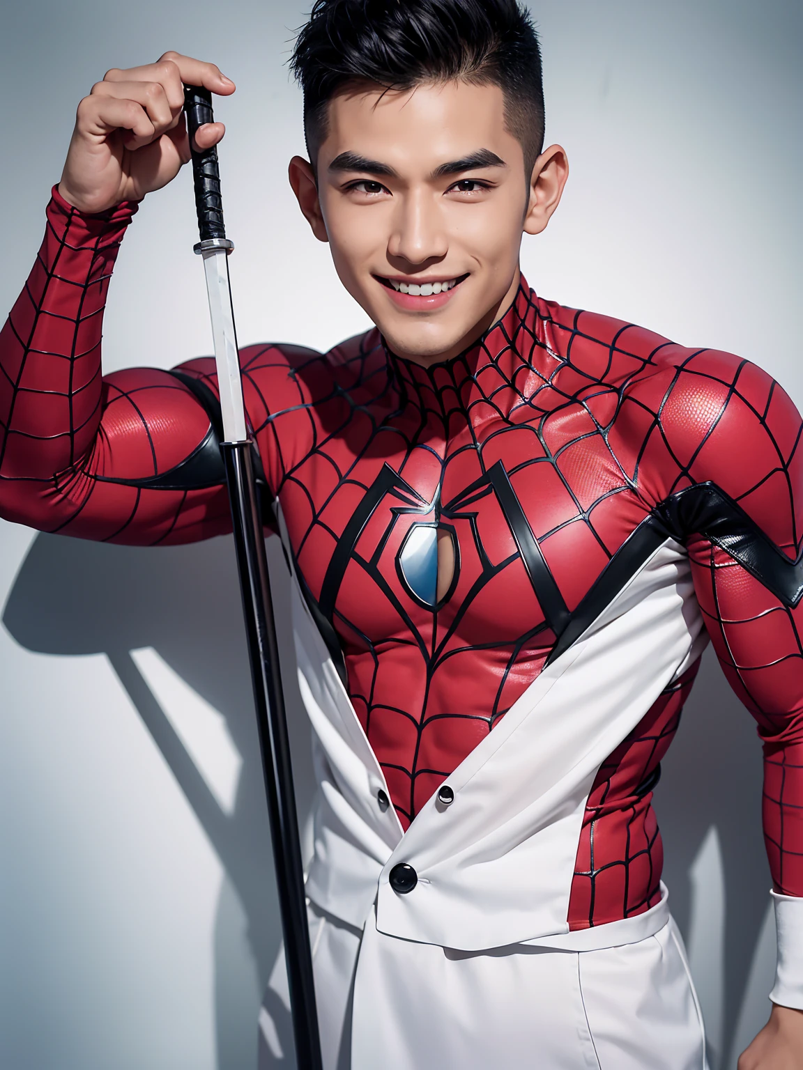 A man with black hair, pink highlights, black eyes, a handsome face, Full chest muscles, Buzz cut，Stylish short hair，a mischievous smile, eyebrow piercing, nose piercing, wearing a Spider-Man costume. Face looks like a Chinese man A little muscular sexy poses and hugged the neck of a tall man with white hair, red eyes, and a mischievous smile. Wear a white suit and have long hair. His face was handsome, tall, muscular, and smiling. He held a katana.