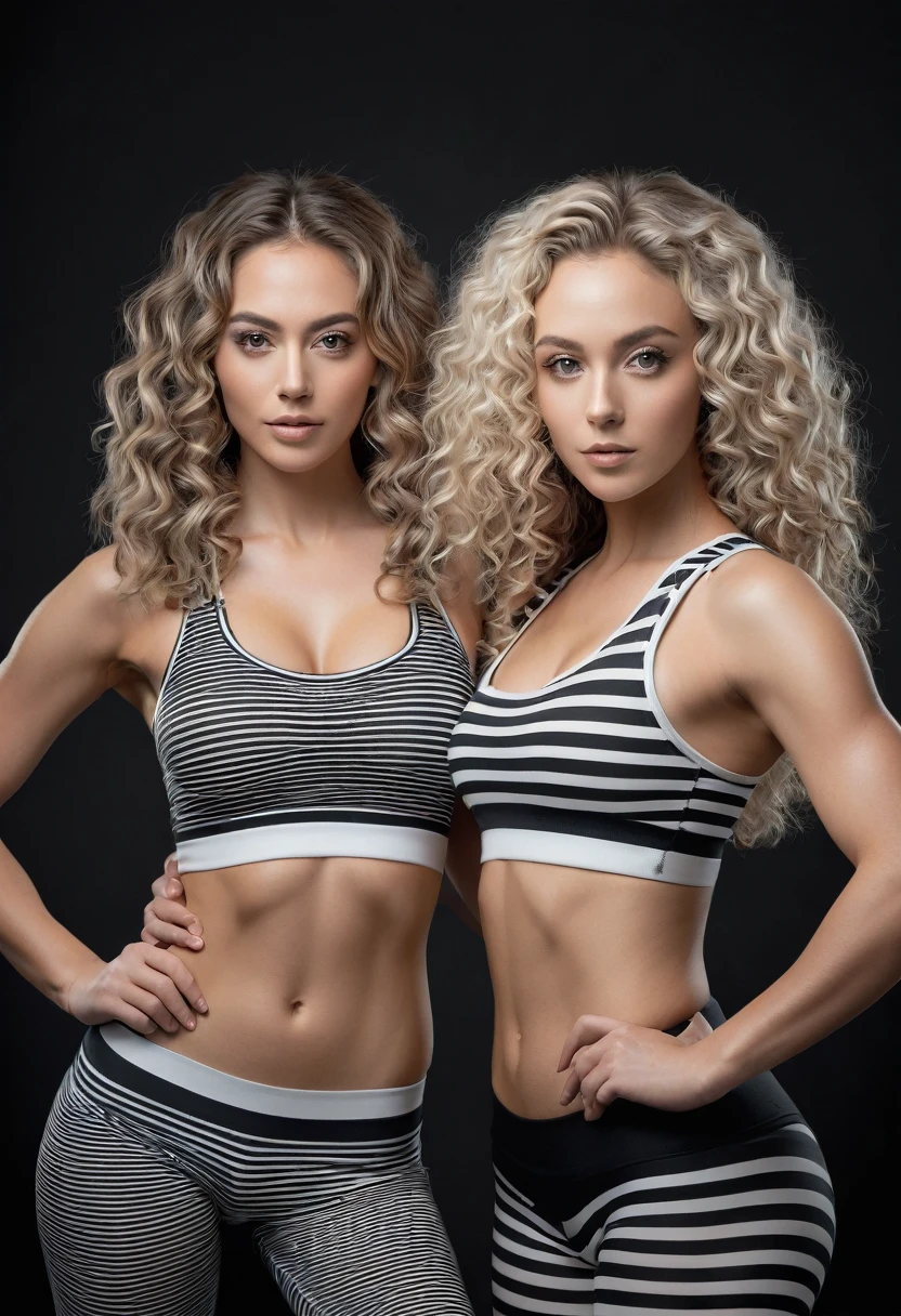 professional photograph of two attractive young women wearing tight striped b&w elastic, fitness endomorph, with soft lush curly warm white long hair, perfect symmetric eyes,
studio lighting, photorealistic, viral, 1DX Mark III, Canon EF 85mm f/1.4 L IS USM Lens, shutter speed 1/125, aperture f/11.0, ISO 100, 8k, cinematography, photorealistic, epic composition, cinematic, color grading, depth of field, hyper-detailed, editorial photography, photoshoot, super-resolution