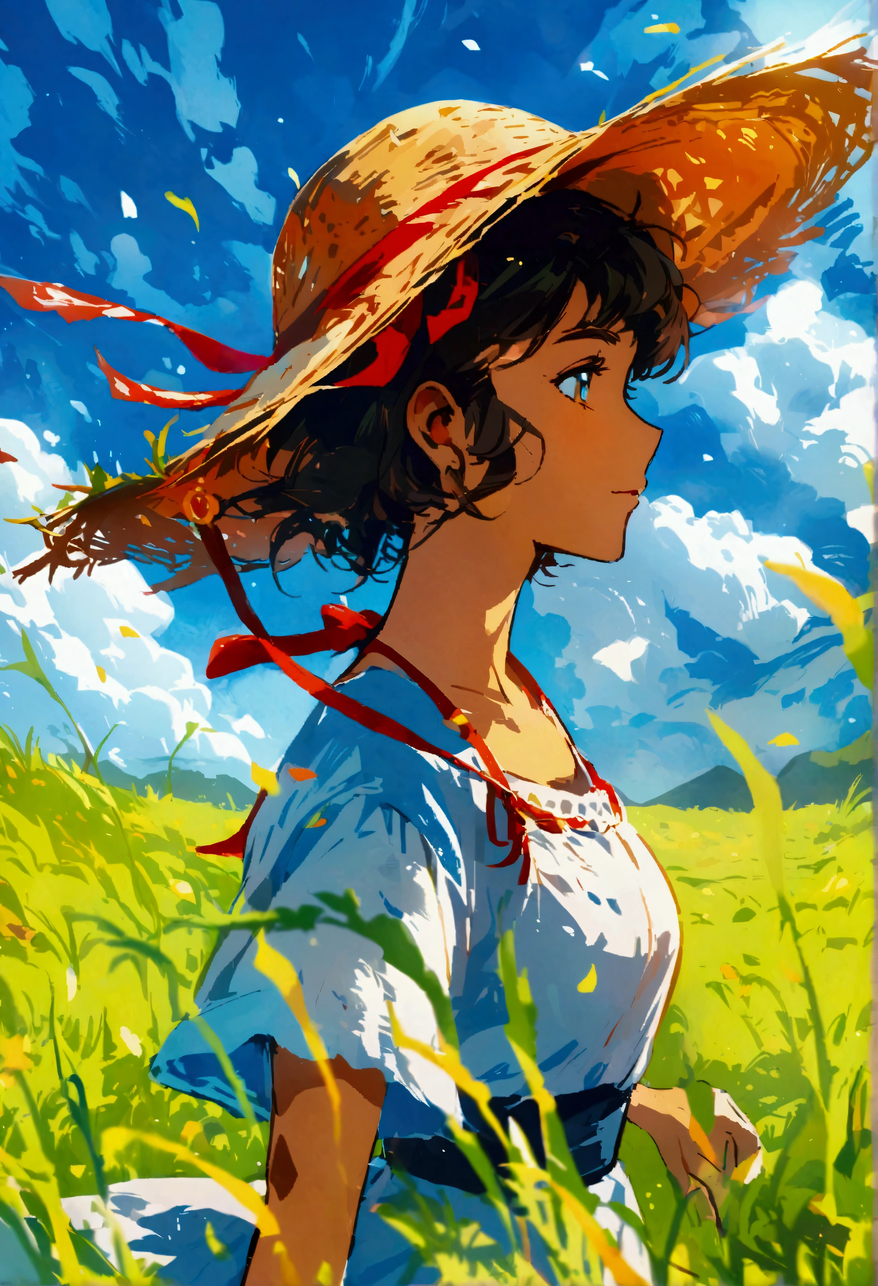grassland,Kite,Rich colors,Illustration style