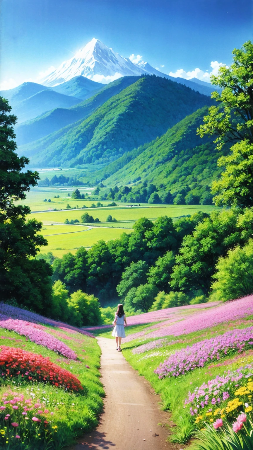 anime-style illustration, A serene landscape featuring a young woman is walking along a path The grassland, glowing flowers, fireflies, magical glow, overlooking mountainous valley and the great castle of the kingdom, clear blue sky. highly saturated and vibrant style, intense and rich colors vivid. rendered with strong exaggerated colors that enhance the natural beauty.