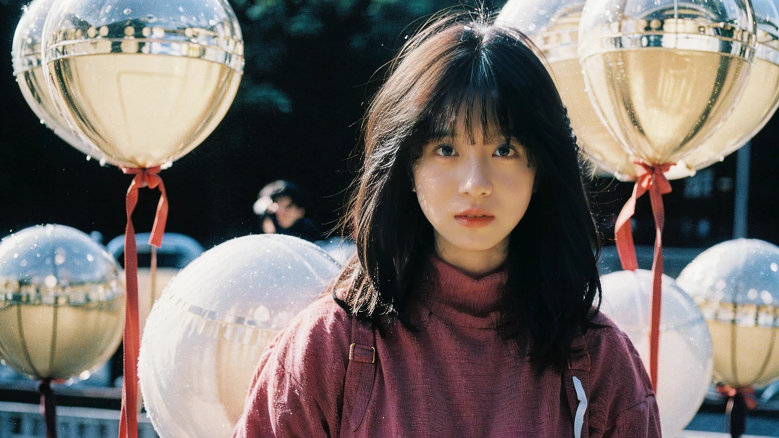 fashion portrait photo of beautiful young woman from the 60s wearing a red turtleneck standing in the middle of a ton of white balloons, taken on a hasselblad medium format camera , akina nakamori , shadow and light