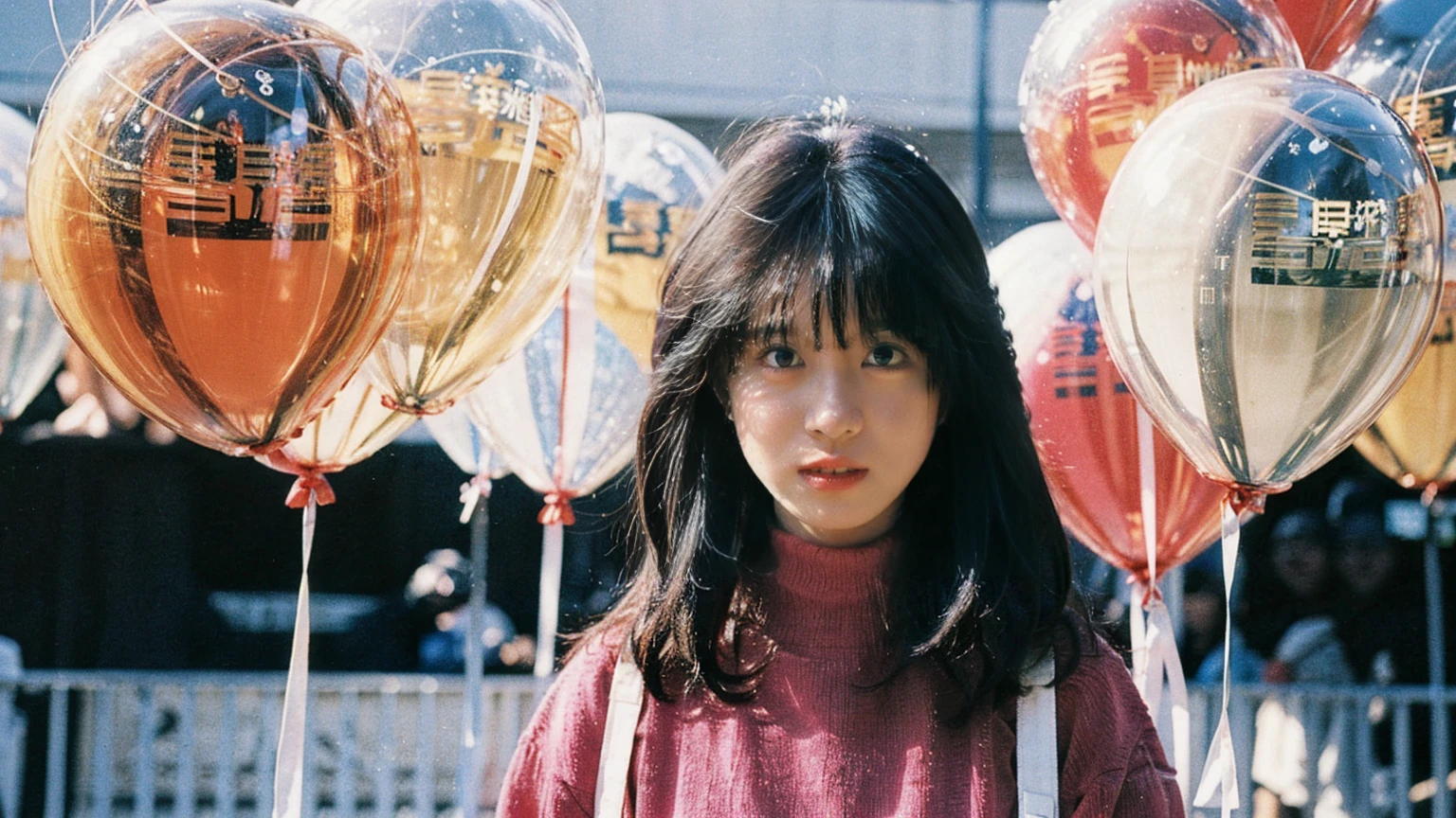 fashion portrait photo of beautiful young woman from the 60s wearing a red turtleneck standing in the middle of a ton of white balloons, taken on a hasselblad medium format camera , akina nakamori , shadow and light