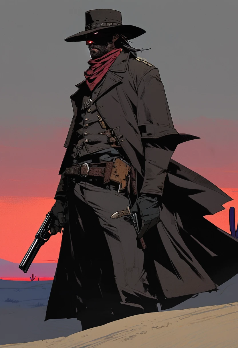 score_9, score_8_up, score_7_up, score_6_up, score_5_up, score_4_up, 1man, Western, Desert, Dark night, Horizon, far away, Wild West, red dead Redemption, cartoon art style, Holstered pistol, ready to draw, black hat, black overcoat, dark, Bandit, old west town, City, bloodborn, Hunter, fromsoftwere, soulslike, Terror, moon, night, black sky, wind, bloodborn hunter hat