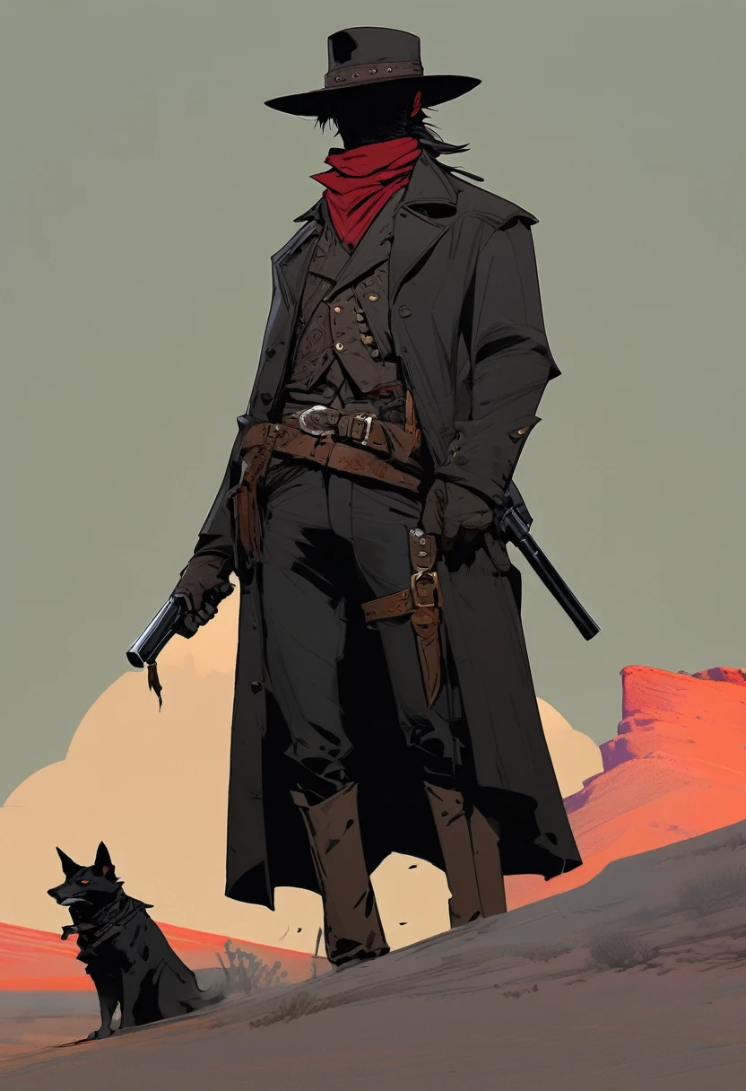 score_9, score_8_up, score_7_up, score_6_up, score_5_up, score_4_up, 1man, Western, Desert, Dark night, Horizon, far away, Wild West, red dead Redemption, cartoon art style, Holstered pistol, ready to draw, black hat, black overcoat, dark, Bandit, old west town, City, bloodborn, Hunter, fromsoftwere, soulslike, Terror, moon, night, black sky, wind, bloodborn hunter hat