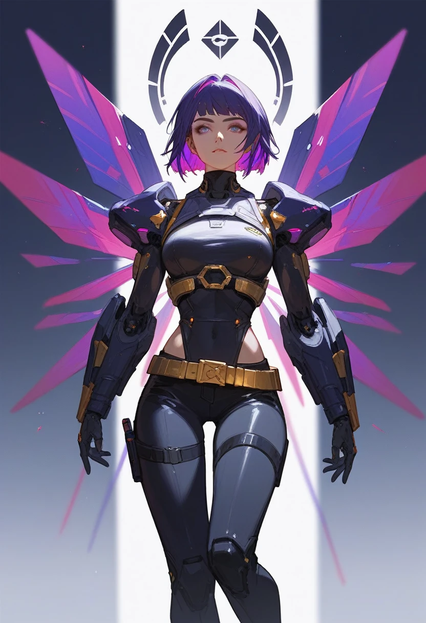 (Fraction_9,Fraction_8_Direction_7_up),1 a woman,（（（bust）））,Explorer Izerell，time traveler，high tech，AI，Future Warrior，白色high tech服饰，Purple colorful hair，Gold belt，Leather belt on legs，