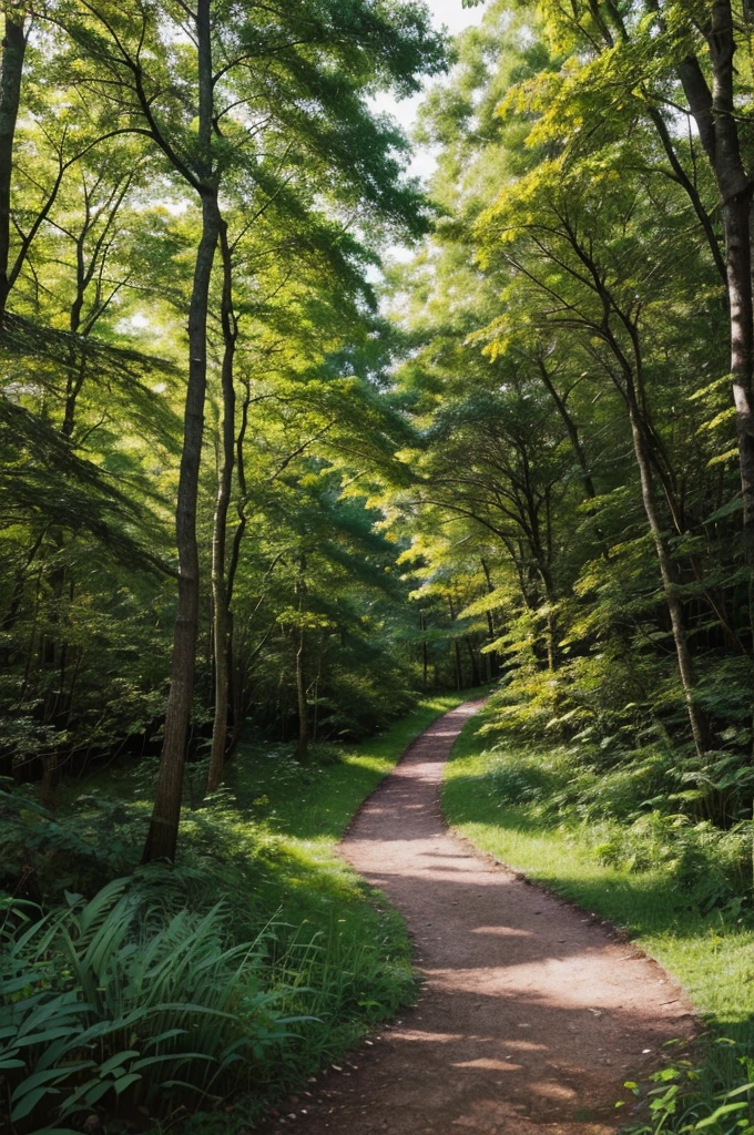 A simple, colored art illustration of a dense forest with secne in which two similar looking path emerge from one path creating a Y shape . Ensure one path is well-trodden and black, and the other is overgrown with grass and new leaves . The wood of tree are yellow creating a hope.