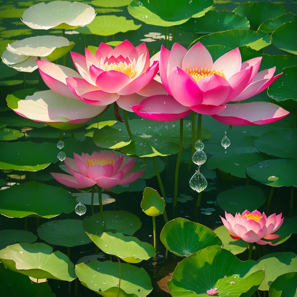 there is a Pink flowers with water droplets on it, flowers rain everywhere, lotus, with lotus, Very beautiful photos, Beautiful flowers, Beautiful flowerss and crystals, Beautiful nature, lotus, Dew Drops, just After the Rain, Pink flowers, After the Rain, Pink flowerss, Surrounded by flowers, After the Rain, 优雅地站在lotus上
