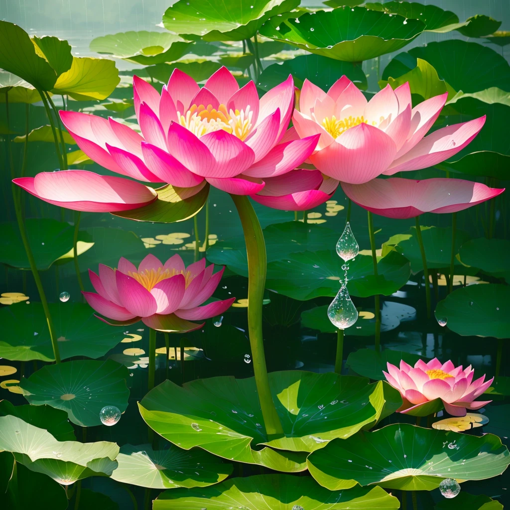 there is a Pink flowers with water droplets on it, flowers rain everywhere, lotus, with lotus, Very beautiful photos, Beautiful flowers, Beautiful flowerss and crystals, Beautiful nature, lotus, Dew Drops, just After the Rain, Pink flowers, After the Rain, Pink flowerss, Surrounded by flowers, After the Rain, 优雅地站在lotus上