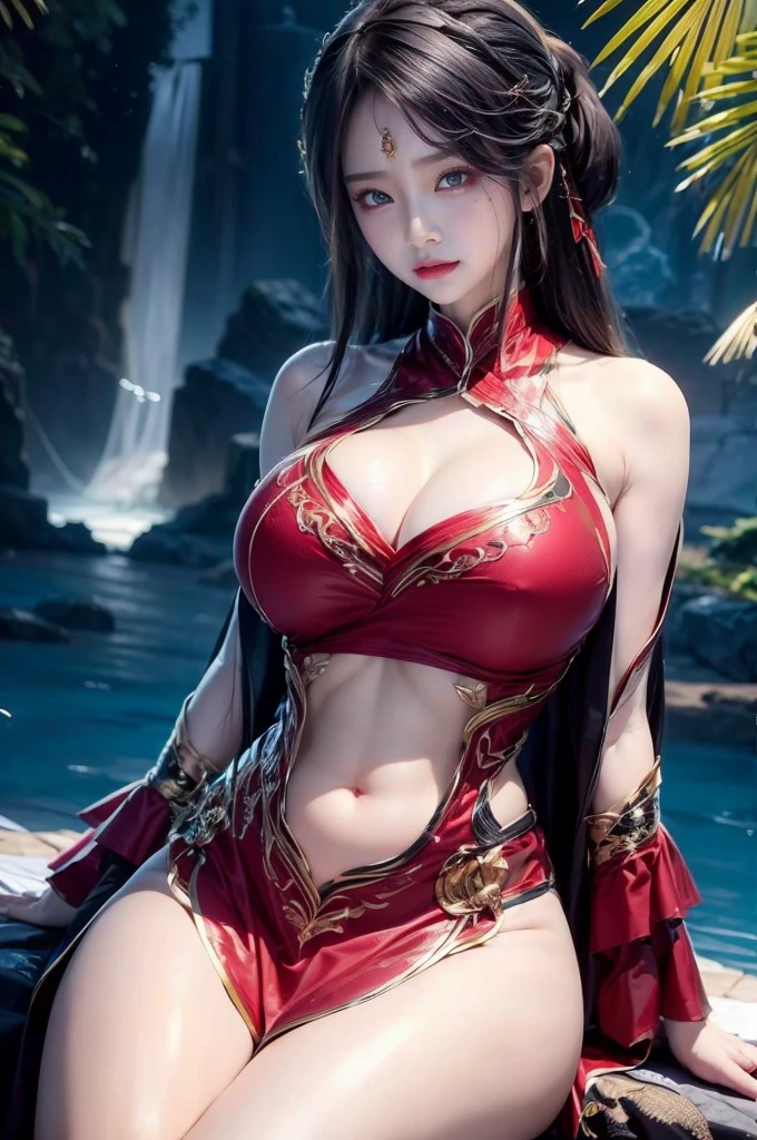 realistic, 1 women, best quality, 12k, HD, long hair, (big round breasts:1.5), cleavage, ponytail, necklace, jewelry, shorts, short jacket, slim hips, hair tie, yellow eyes, black hair, super detailed, Eye details, hair details, person details, mouth details, face details, breast details, clothes details, hair details, pants details, hand details, whole body