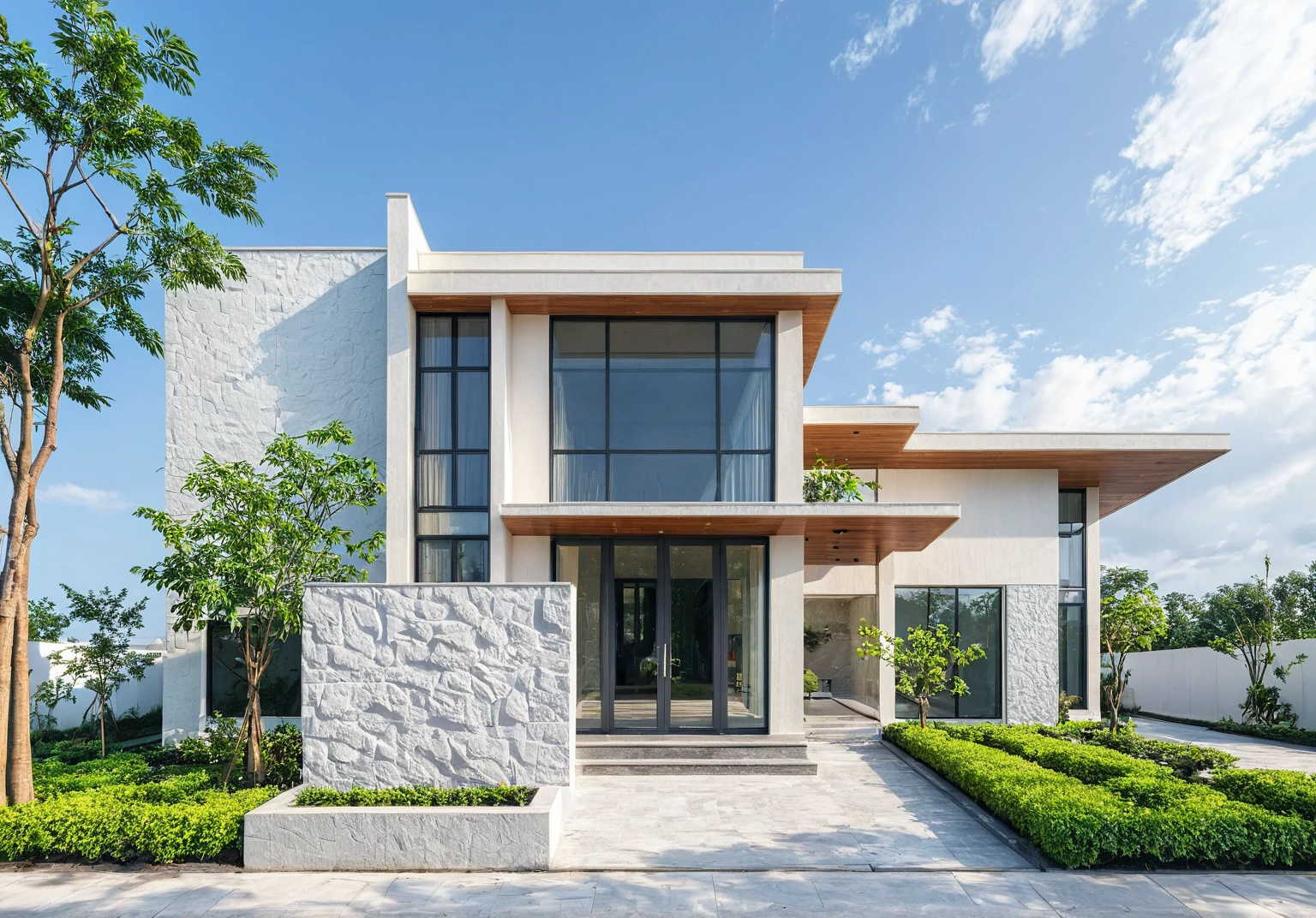 masterpiece, High Quality, best quality, true, super detailed, out side, one-story villa, yay, yaygroup, stone walling, phong cách ngôi nhà hiện đại trên sugar phố, cầu thang, white wall, sugar, pavement, grass, plant, firmament, cloud, (daylight :1.1)