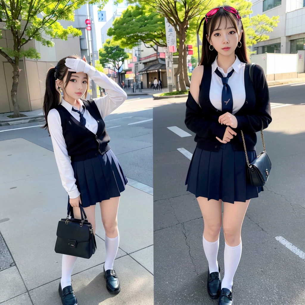 mix4, (16K, Raw photography, Top image quality, ​masterpiece: 1.45), (realisitic, Photorealsitic: 1.37), one girls, 7．5, etc，cute little, A city scape,, profetional lighting, photon maping, Downtown Shibuya, physically-based renderingt, Gradient dark brown hair,pony tail hairstyle, a handsome, Well-groomed and beautiful eyes、double eyelid、girl with, (((student clothes、Long sleeve shirt worn by Japan high school girl、cardigan、neck tie、Dark blue mini skirt,、Dark blue knee-high socks、Black loafers))), Top Quality Photos, hight resolution, 1080P, (clearface), (Detailed face description), (Detailed hand description), (​masterpiece), (Exquisite CG)、extreme light and shadows、dishevled hair、master work、abundant detail、(Fine facial features)、(top quality photo)、(masuter piece)、(A detailed eye)、Look in front of you、Fine clavicle、((Slender big))、(((Japan  wears a long-sleeved shirt)))、((Sexy Idol System))、((Gingko tree-lined shopping street))、(Shooting from random perspectives)、(((Anyway cute)))、earrings、A big smile、Drawing the whole body from the knees、Do not draw nasolabial folds、(((Shoulder bags used by Japan schoolgirls)))、(Big breasts that hang down big:1.2)、Big buttocks with tension、Two arms and two legs、(((from the front side:0.4)))、bare hand、