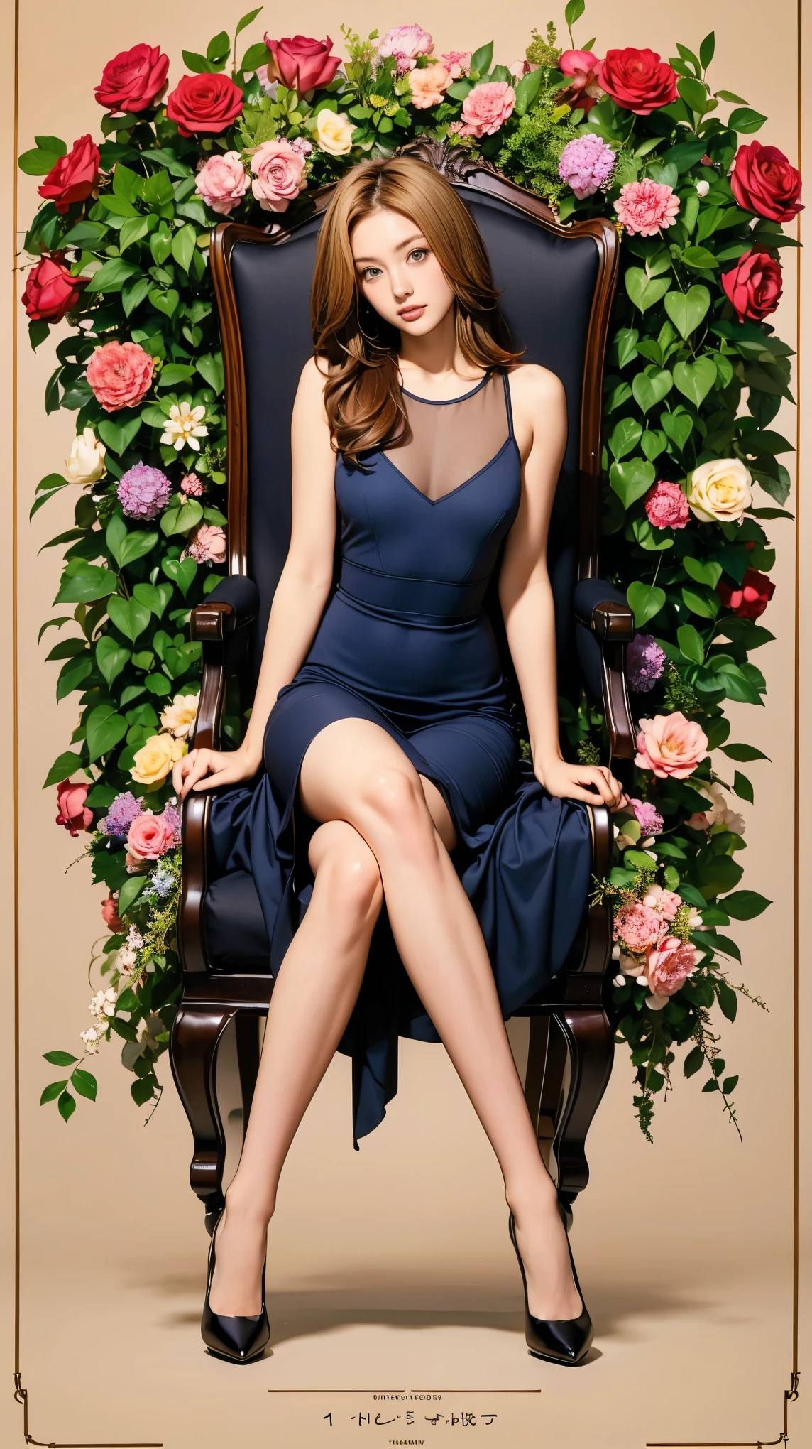 ((masterpiece)),(((Highest quality))),((Character design sheet)),Thin thighs,Long legs,Slender figure:1.5，whole body:1.5，One Girl:1.3Viewer display:1.2，Sheer pantyhose and pointed high heels:1.5，Sit on the top of the mountain:1.2，Wearing a dress of flowers and plants:1.5，flowing golden hair:1.Sit with your legs apart:1.5，