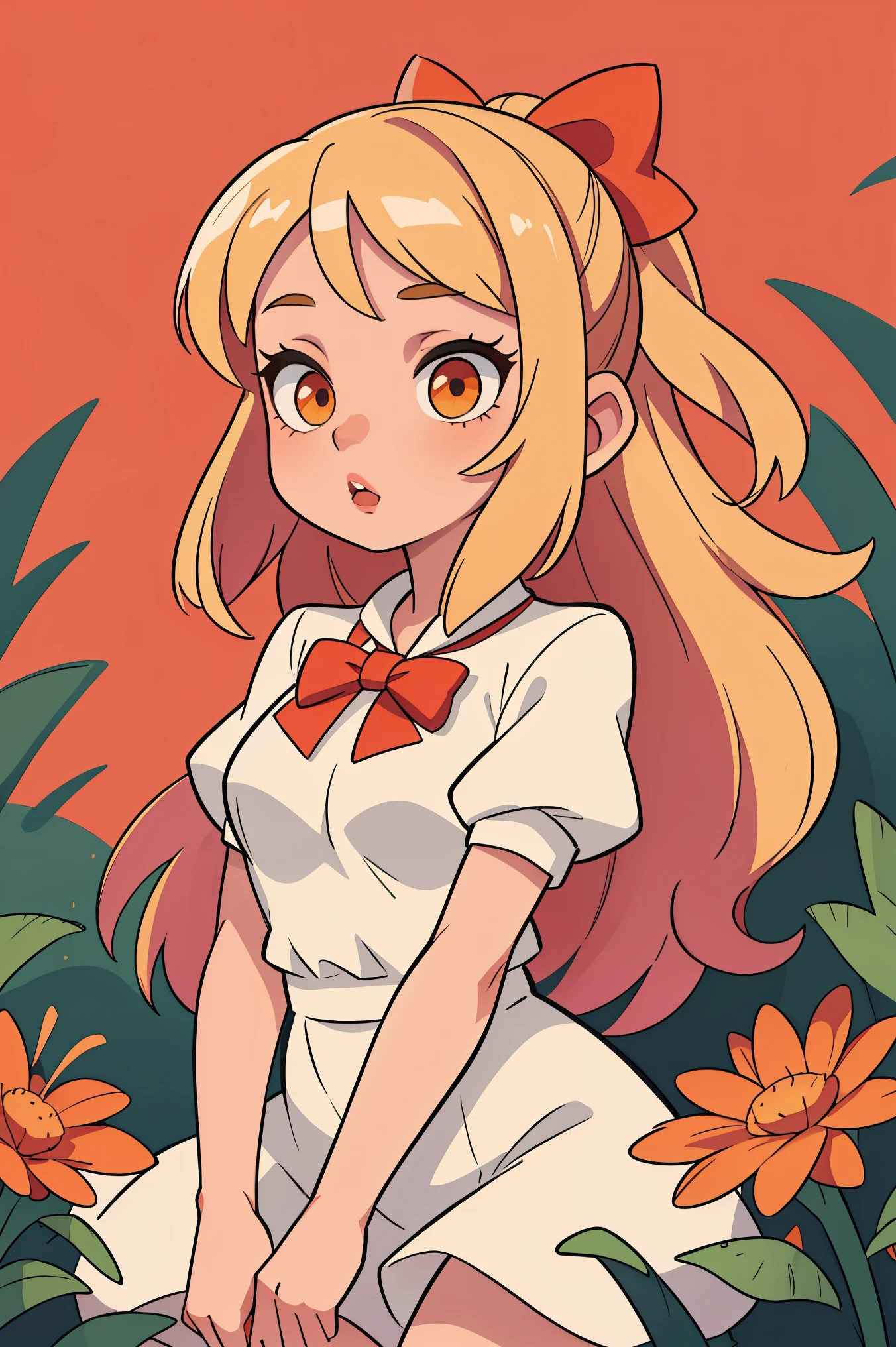 (Better quality,4K,8K,high resolution,artwork:1.2),Ultra Detailed,Realist,portrait,girl,blond,Long hair,Beautiful and delicate eyes,Beautiful and delicate lips,White top,Wear a red bow around your neck,Pink skirt,Orange eyes,Illustration style,Vibrant colors,Warm colors,Soft lighting,Green garden background,Levels effect,Don't fade,