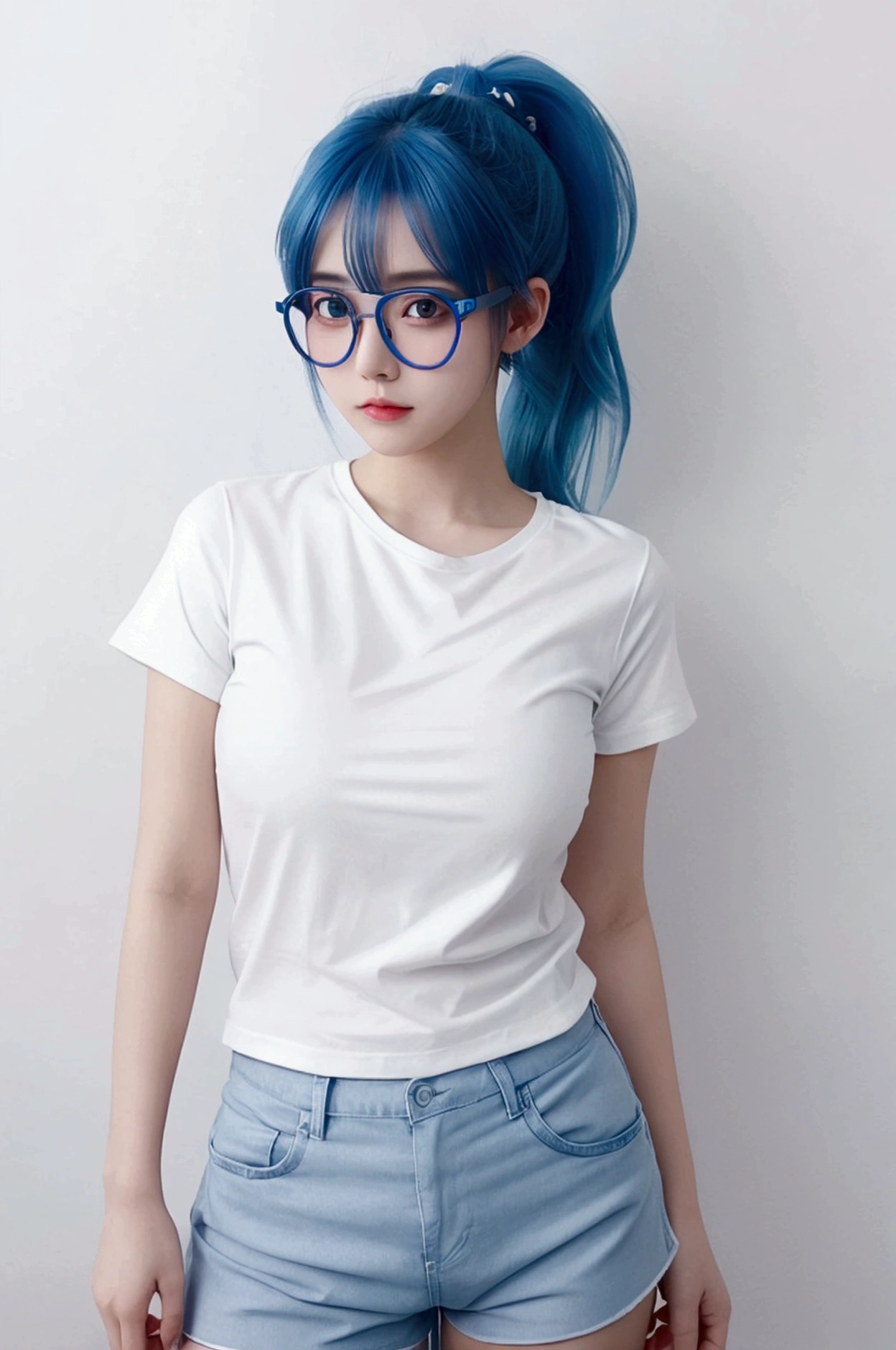 An anime girl with blue hair, white shirt, blue shorts, glasses and a ponytail