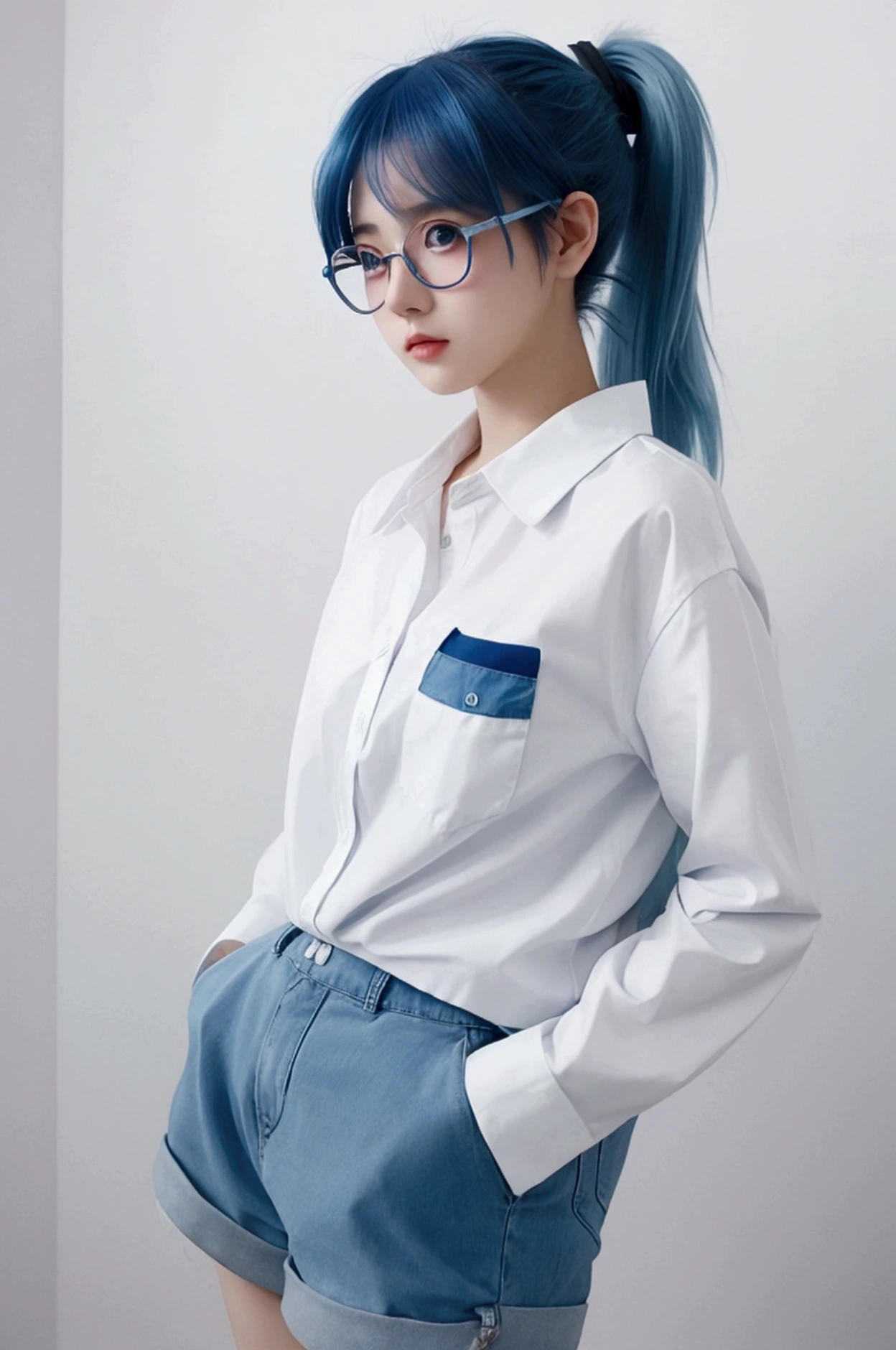 An anime girl with blue hair, white shirt, blue shorts, glasses and a ponytail