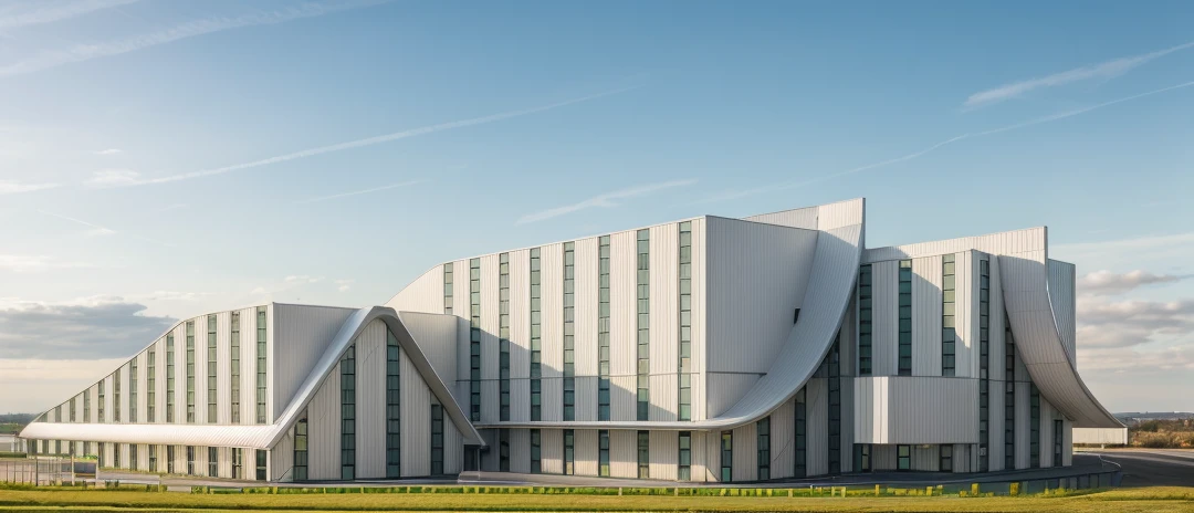 aerial view, master view, grass, day, line, curve, highquality, realistic photo, canon eos 5D mark, [[[architech1904]]], natural light, (realistic: 1.2), sharpen edge, morden building, factory, white.