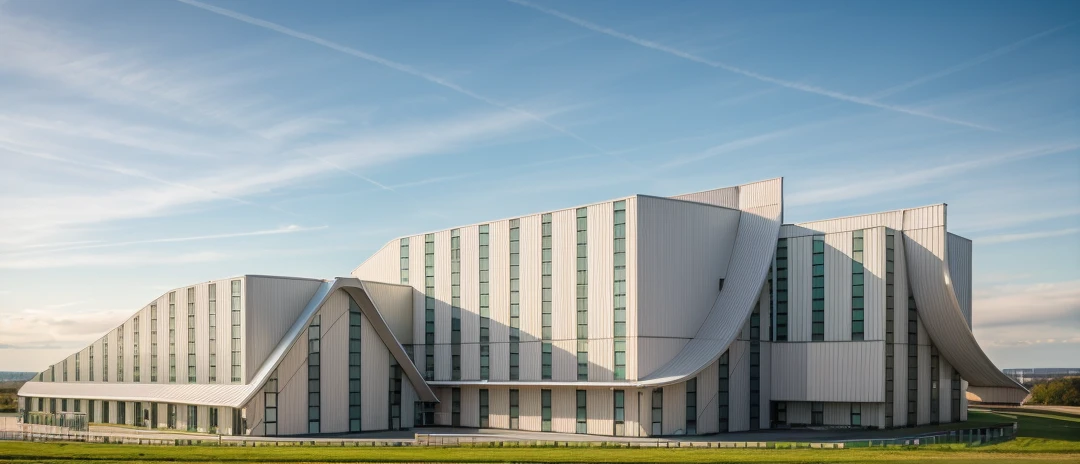 aerial view, master view, grass, day, line, curve, highquality, realistic photo, canon eos 5D mark, [[[architech1904]]], natural light, (realistic: 1.2), sharpen edge, morden building, factory, white.