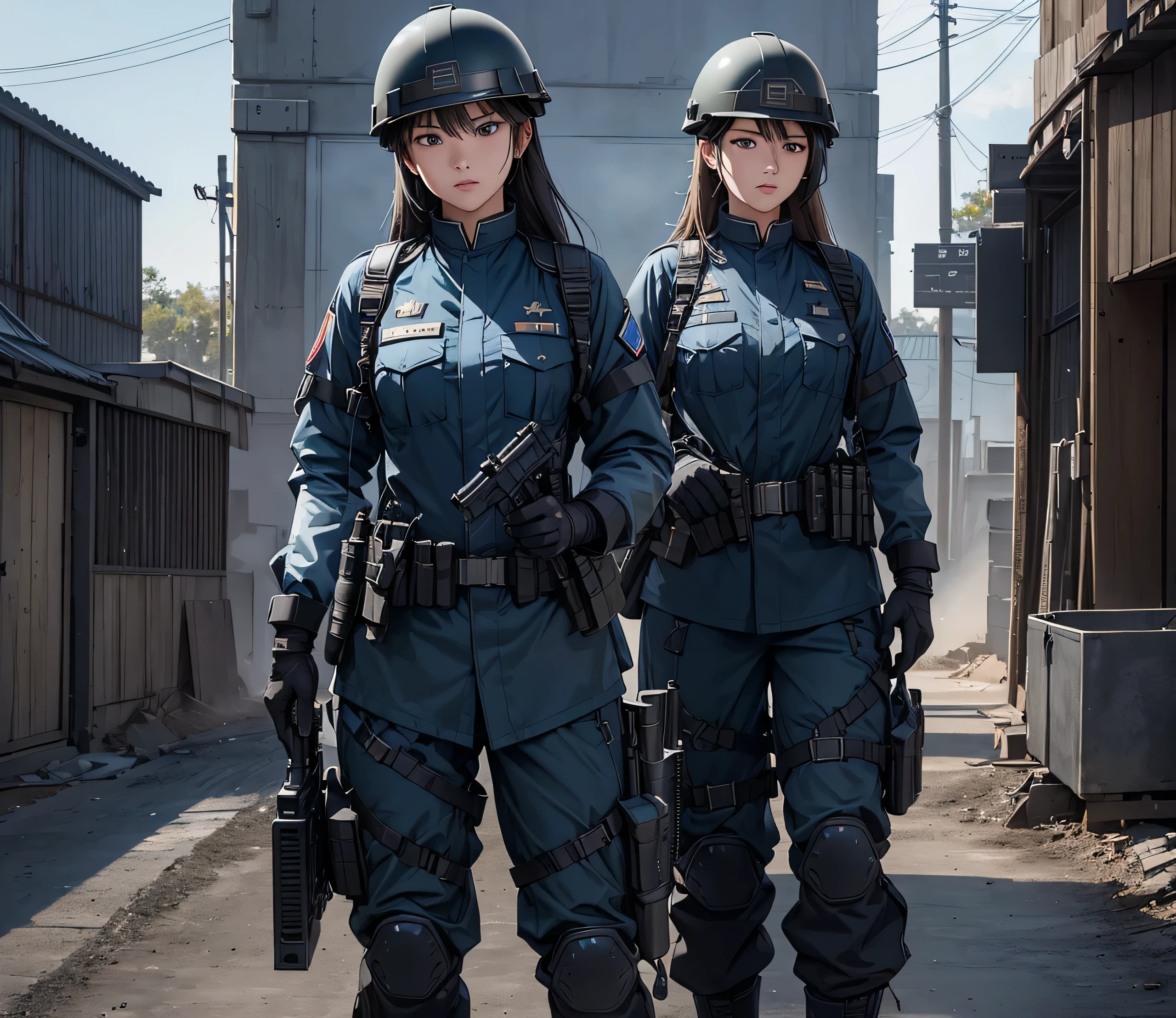A group of female soldiers wearing blue-black military uniforms,Wear a steel helmet、Military Pants、Individual equipment set、Alert with guns、Write details、masterpiece、best quality、Highly detailed CG、8K picture quality
