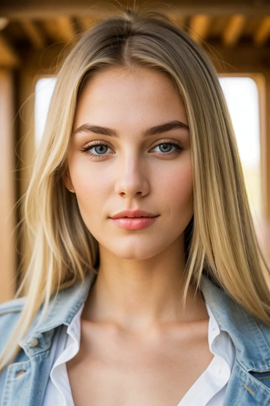 attractive blonde Ukrainian appearance, Slovenian type, straight, narrow nose, grey eyes, detailing, super realism, good quality leather, Thick hair, Skin texture